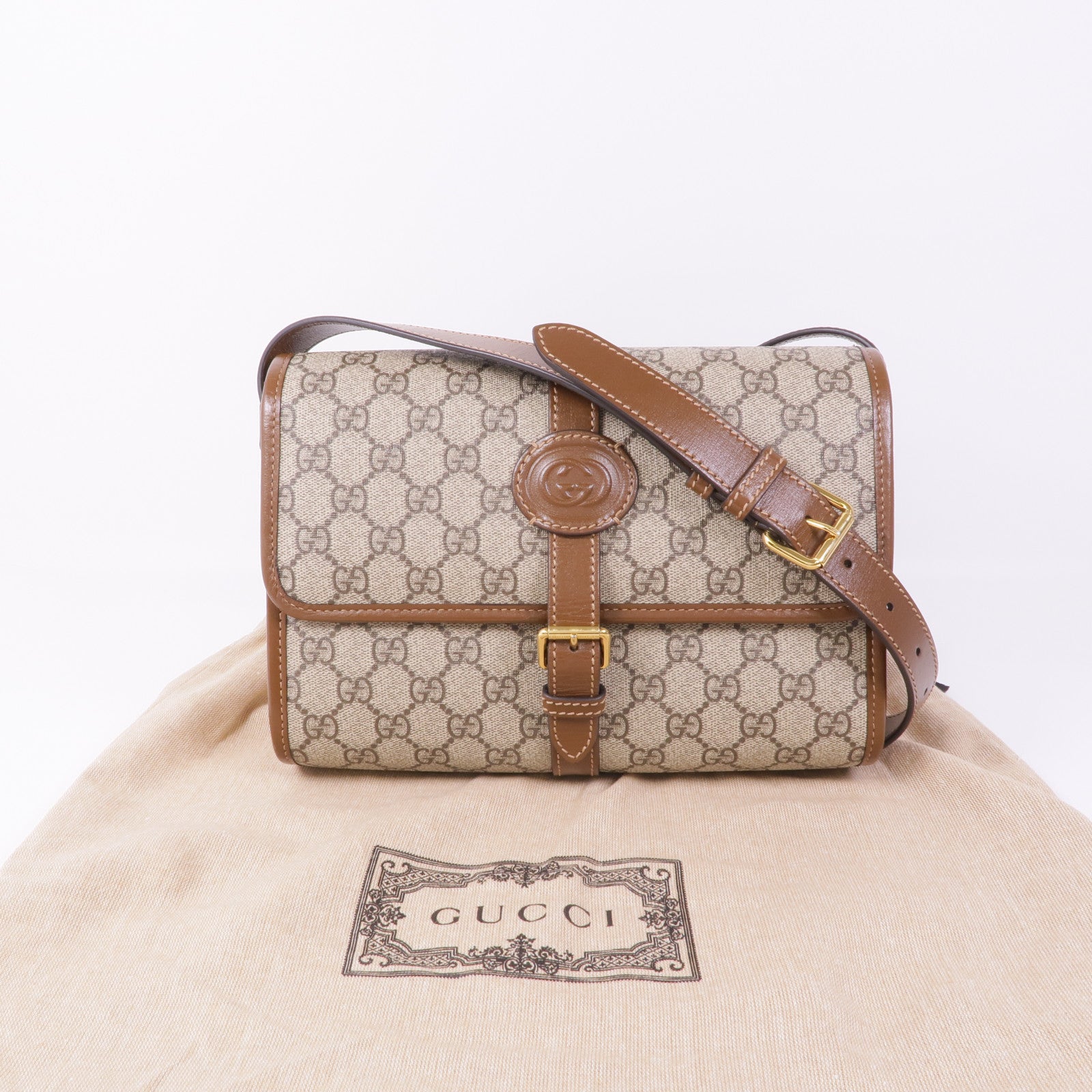 GUCCI 塗層帆布GG Supreme Interlocking金扣肩背袋