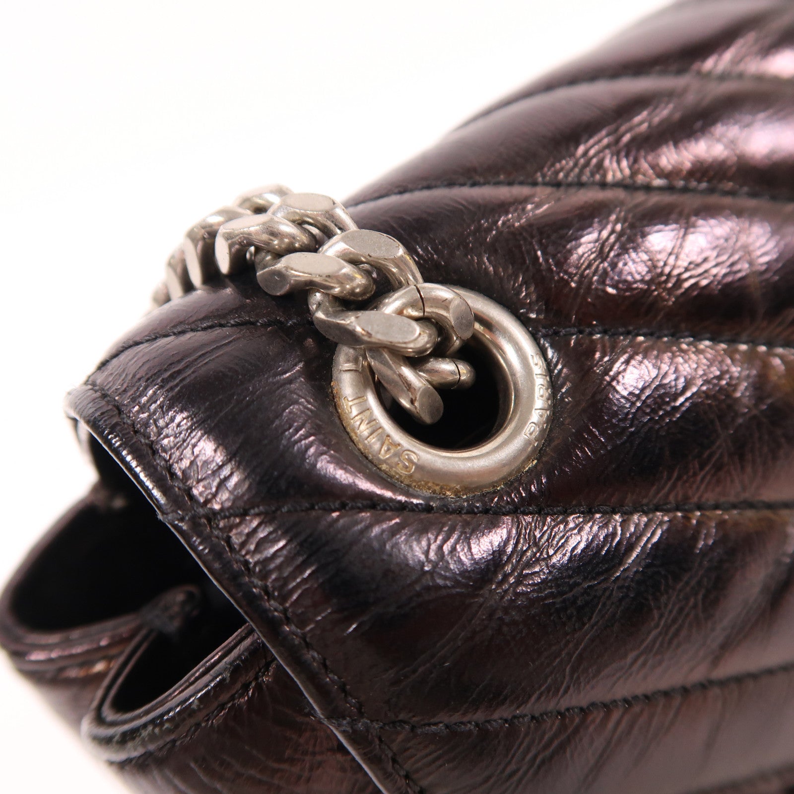 SAINT LAURENT 牛皮皮革Shoulder Bag銀扣鏈帶肩背袋