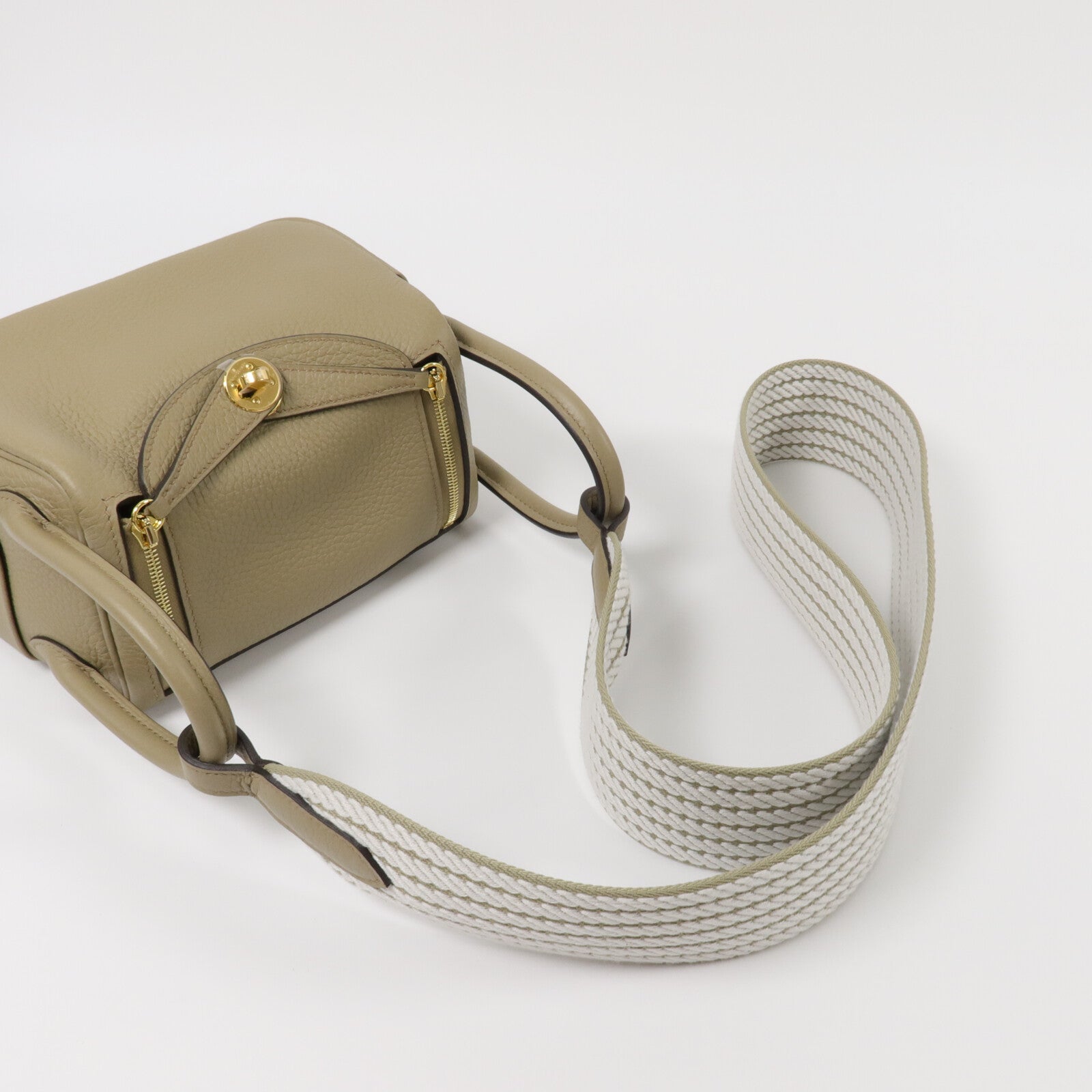 HERMES Clemence皮革Mini Lindy手挽肩背兩用袋Beige Marfa