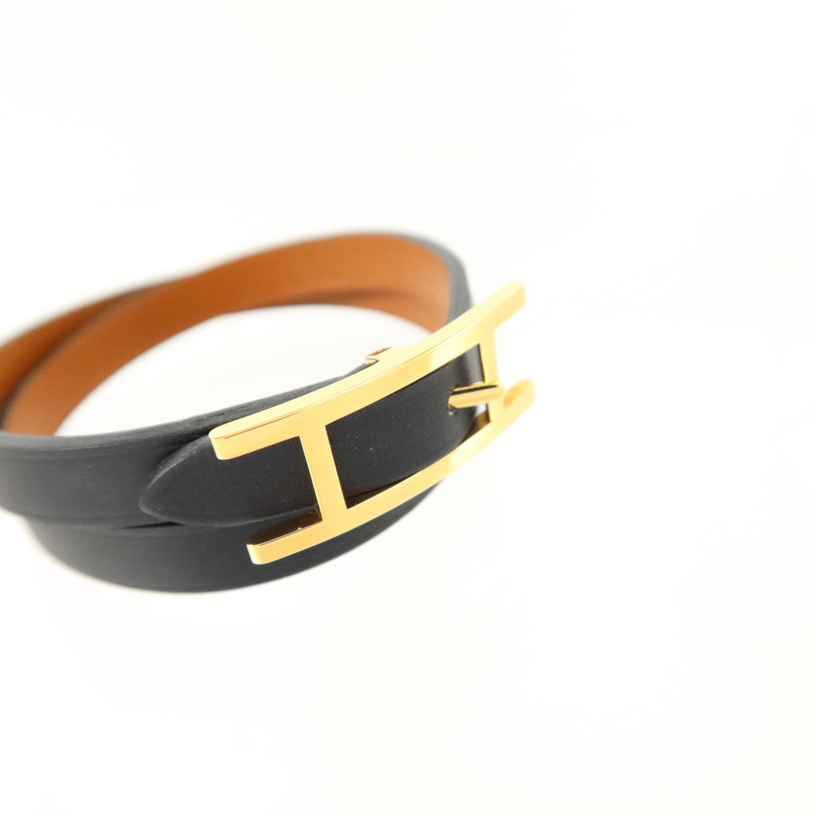 HERMES Chamonix/Tadelakt皮革Behapi Double Tour Bracelet金扣手鏈Black/Fauve