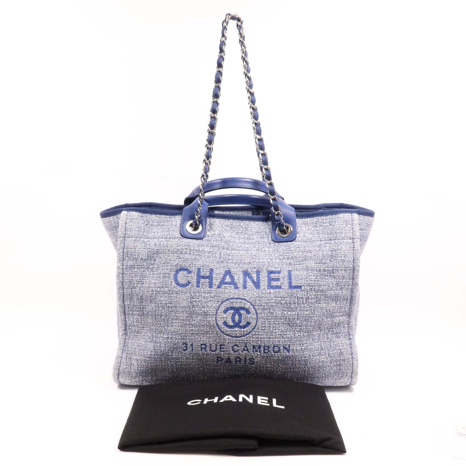CHANEL 帆布Deauville Tote Bag銀扣鏈帶手挽肩背兩用袋
