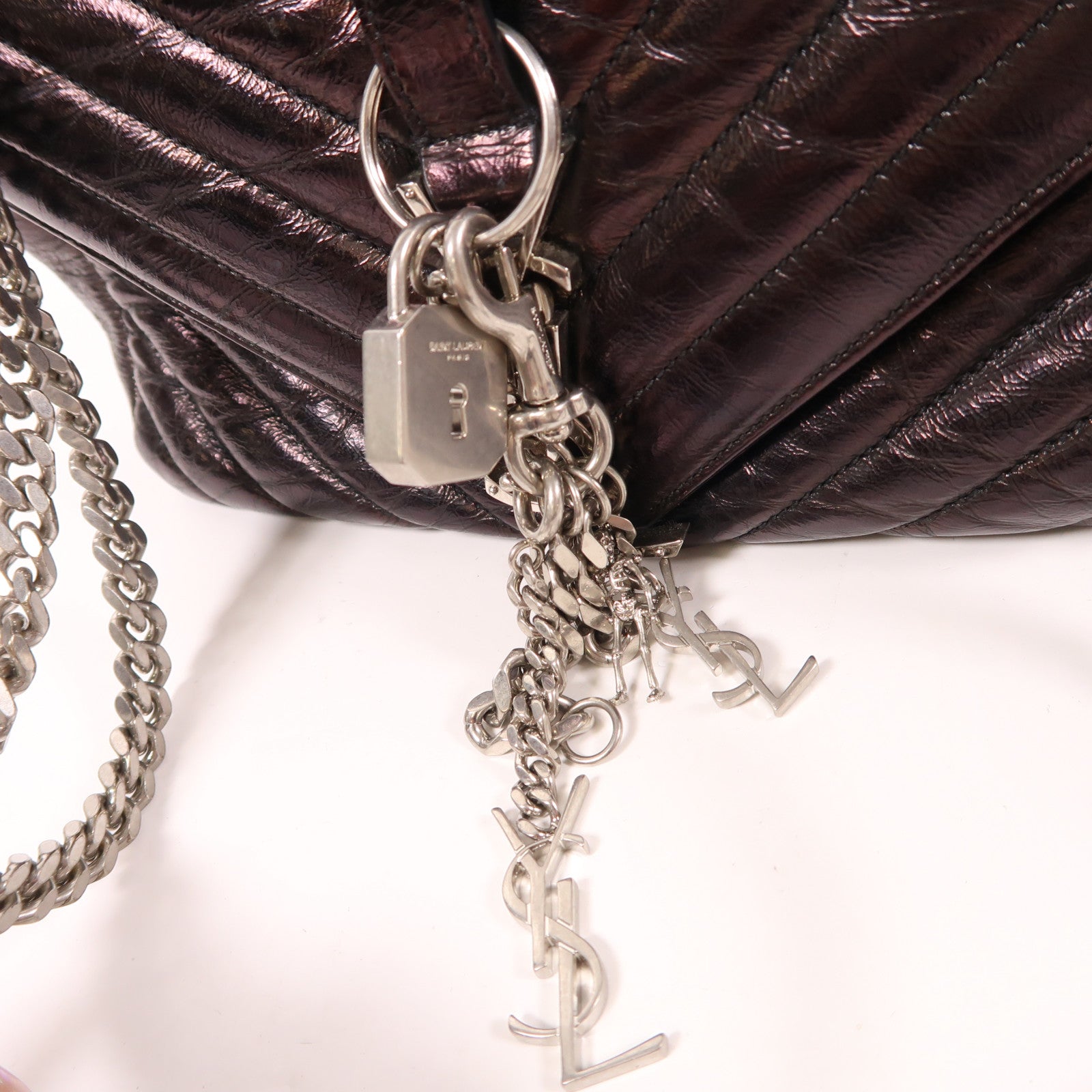 SAINT LAURENT 牛皮皮革Shoulder Bag銀扣鏈帶肩背袋