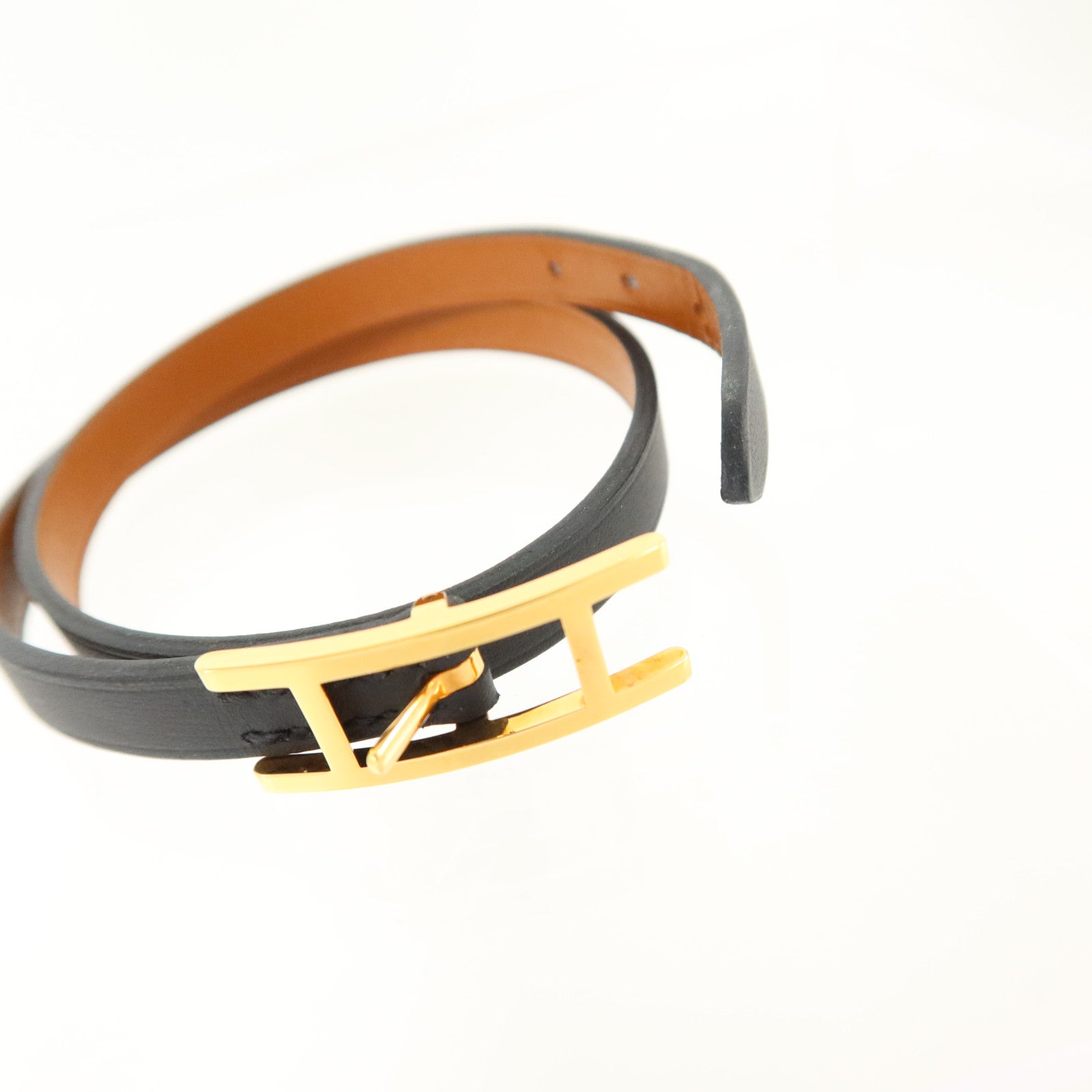 HERMES Chamonix/Tadelakt皮革Behapi Double Tour Bracelet金扣手鏈Black/Fauve