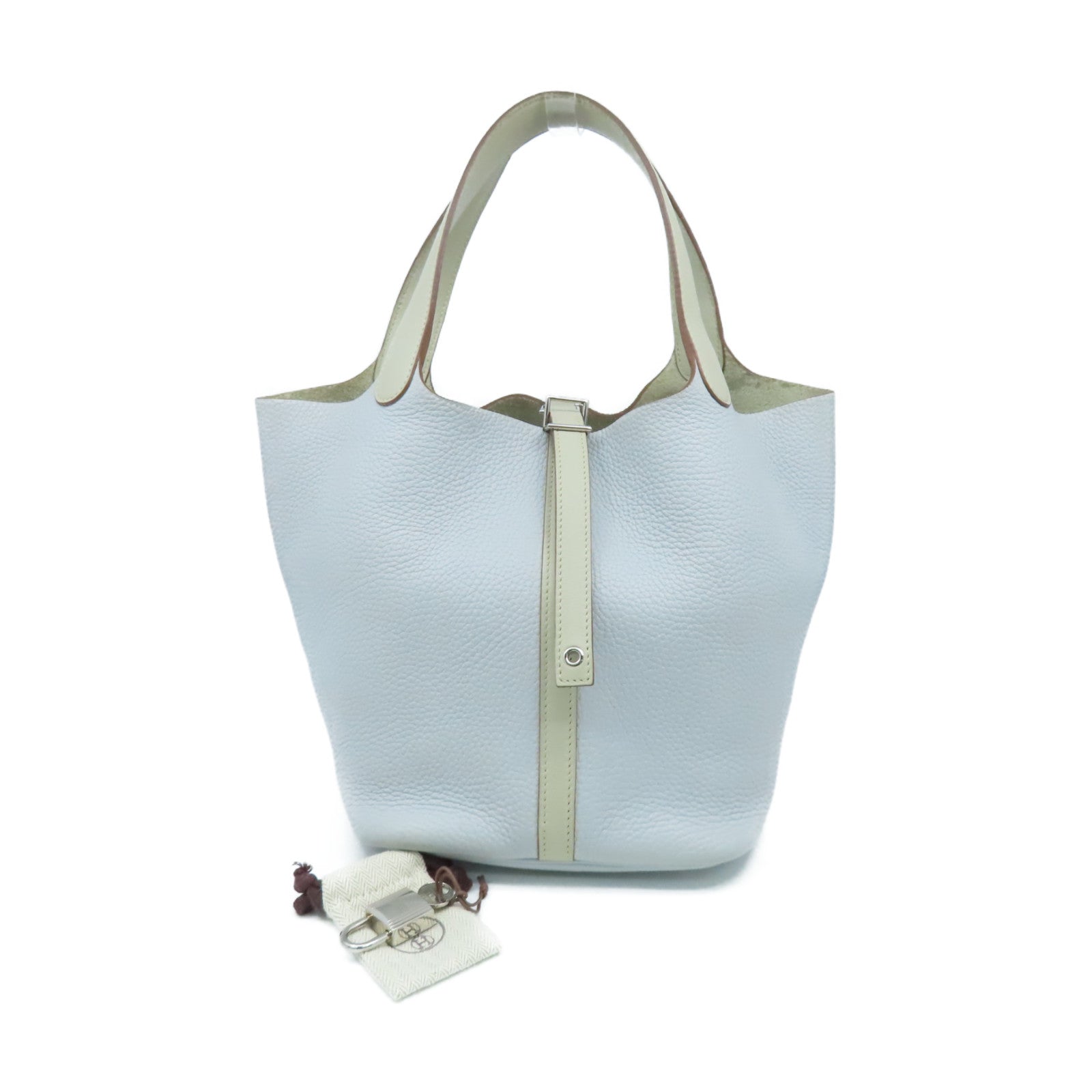 HERMES 【激減優惠】Clemence皮革Picotin MM Handbag銀扣手挽袋Bleu Pale蒼白藍色