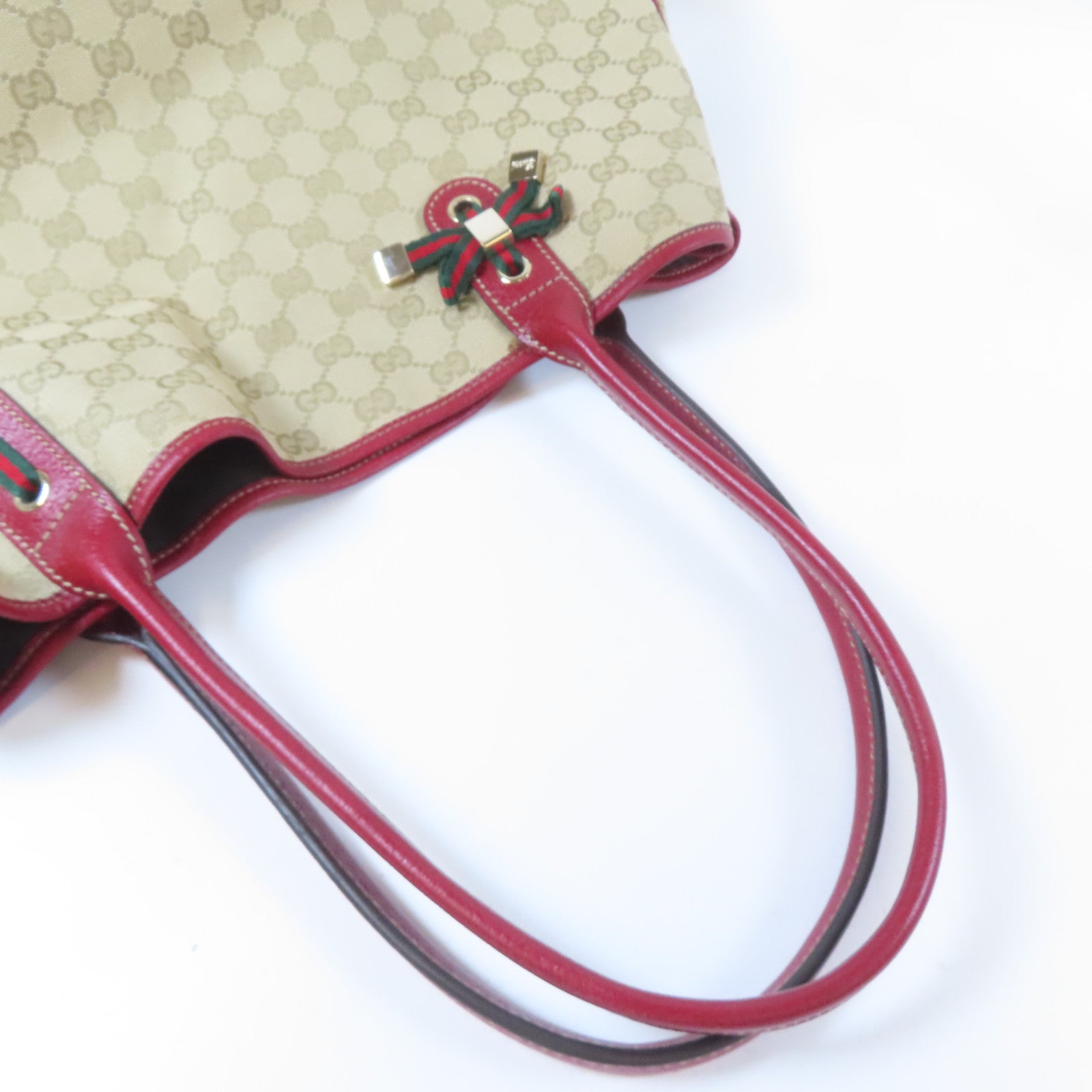 GUCCI 帆布Tote Bag金扣手挽袋米色/紅色