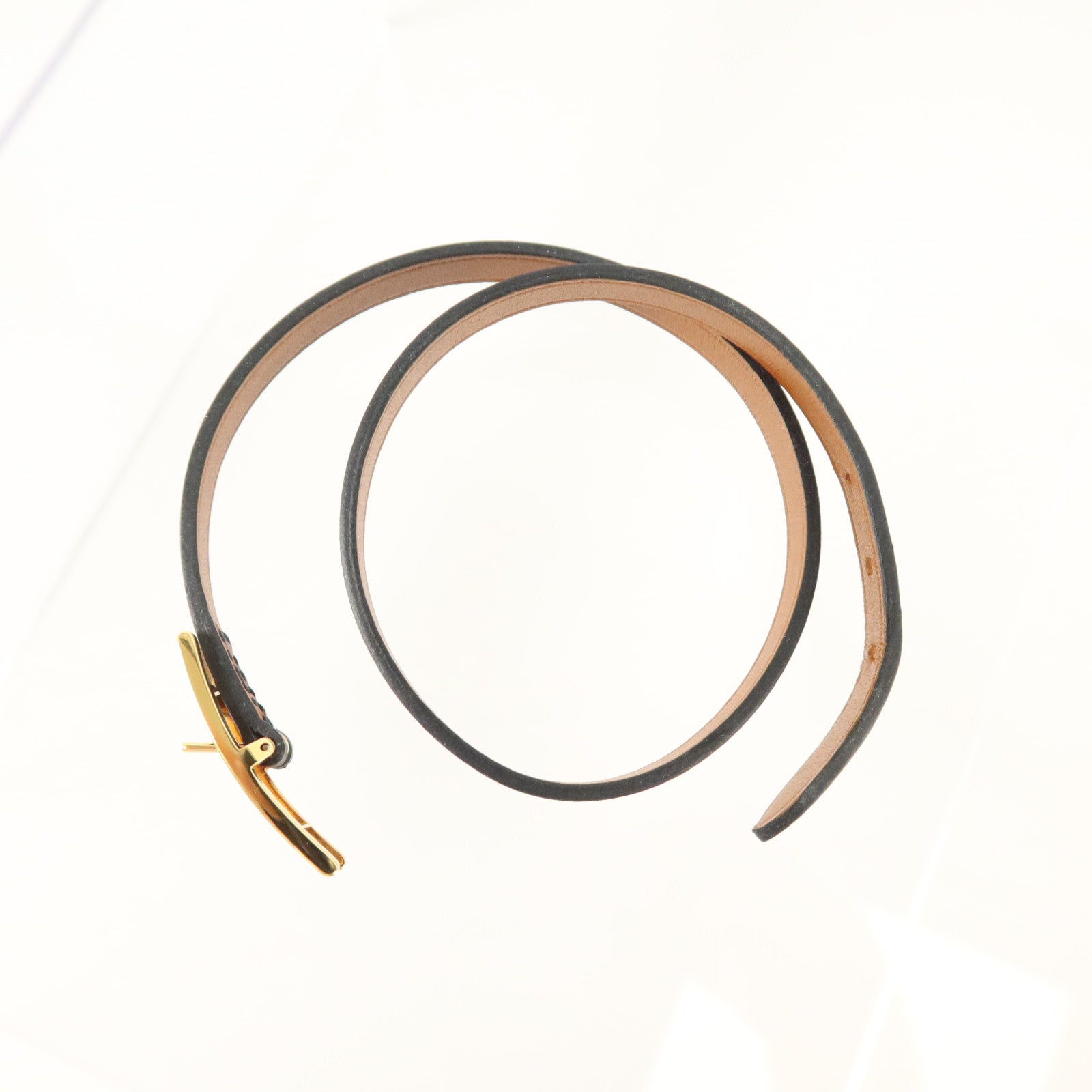 HERMES Chamonix/Tadelakt皮革Behapi Double Tour Bracelet金扣手鏈Black/Fauve