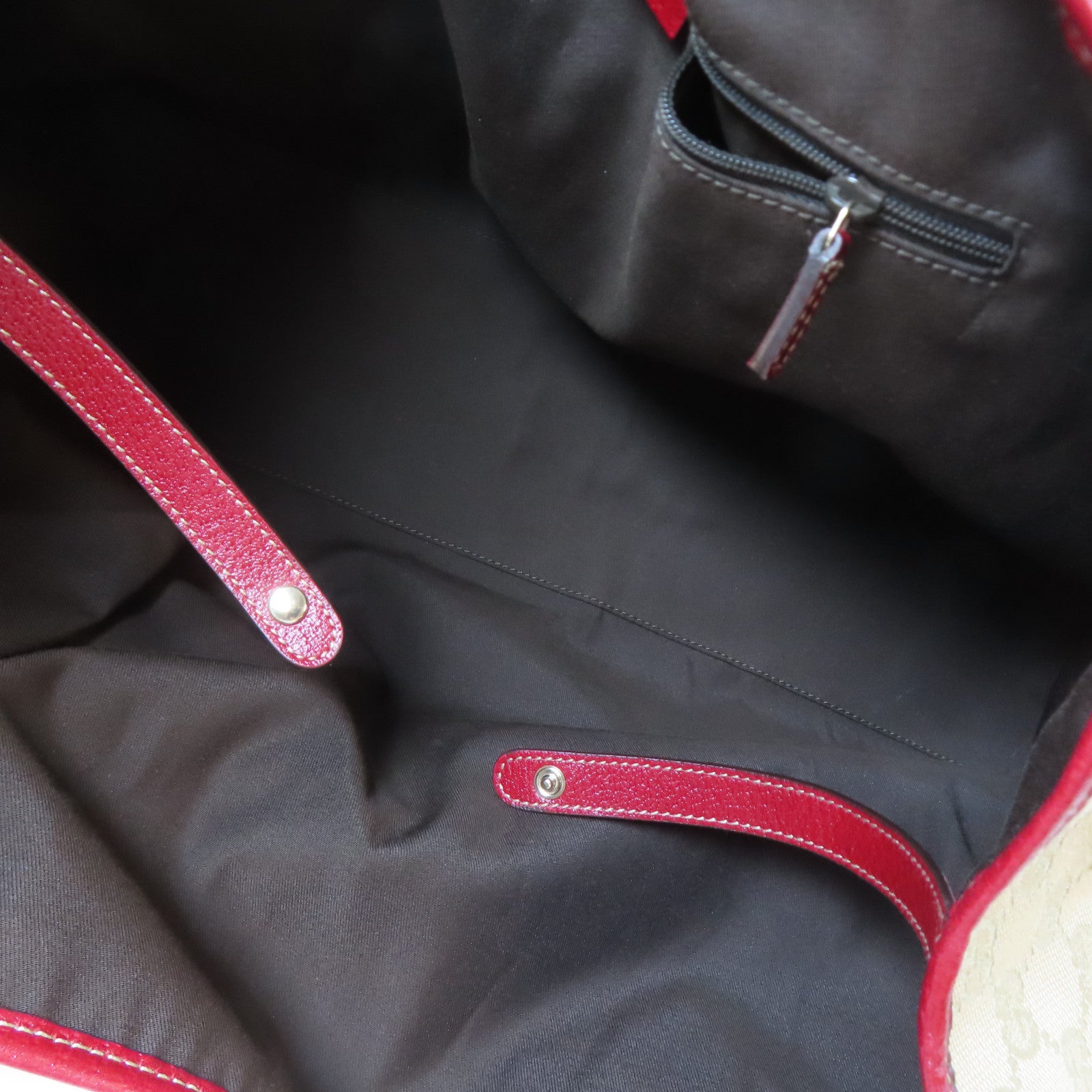 GUCCI 帆布Tote Bag金扣手挽袋米色/紅色