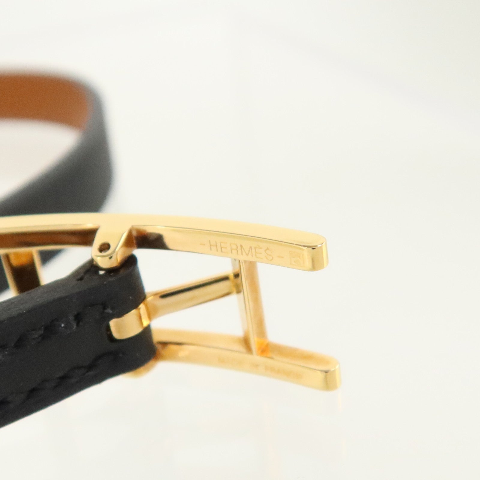 HERMES Chamonix/Tadelakt皮革Behapi Double Tour Bracelet金扣手鏈Black/Fauve
