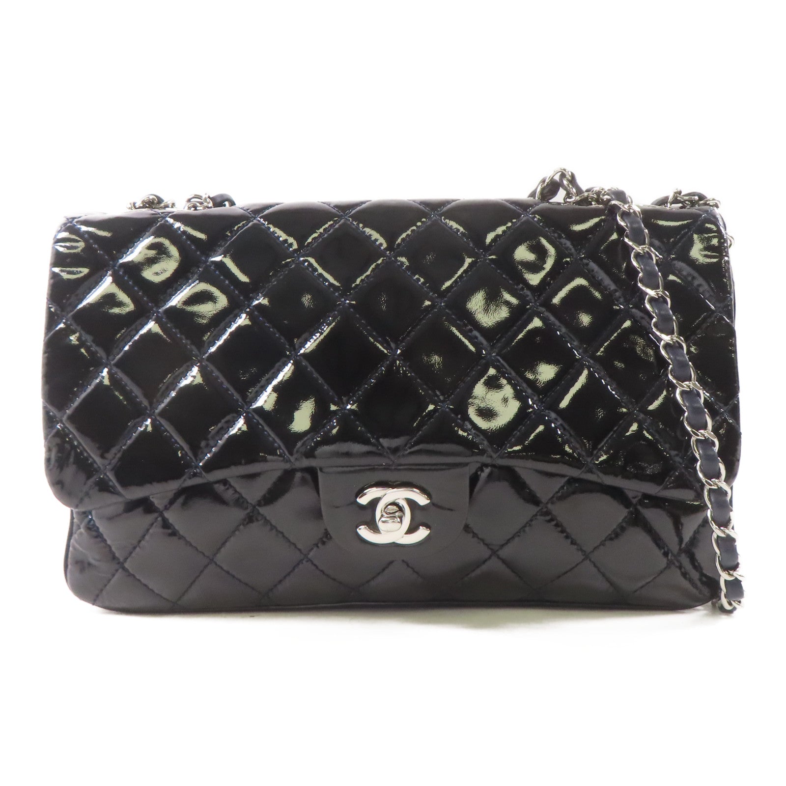 CHANEL 漆皮皮革Chain Shoulder Bag銀扣鏈帶肩背袋黑色