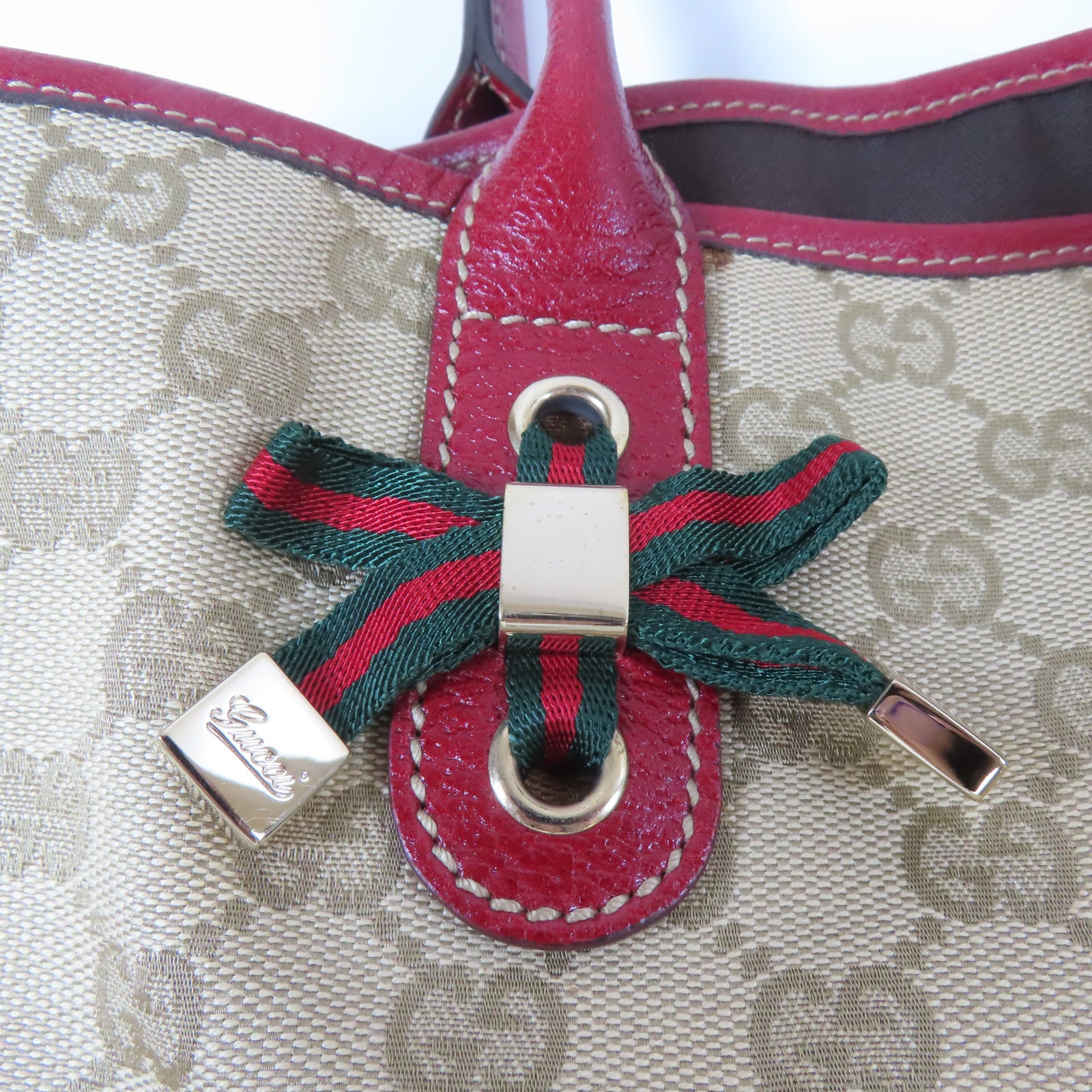 GUCCI 帆布Tote Bag金扣手挽袋米色/紅色