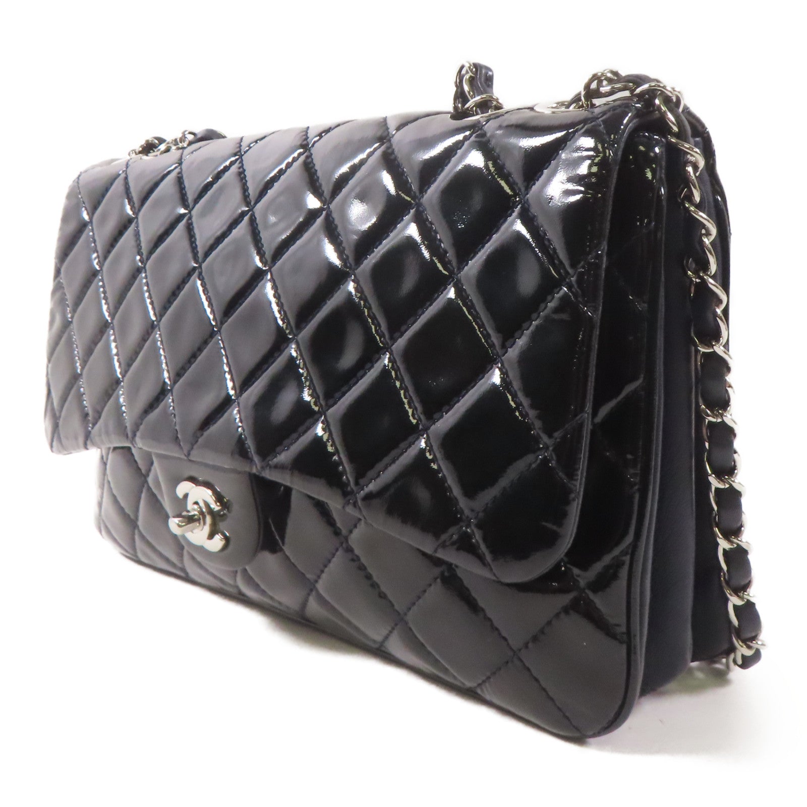 CHANEL 漆皮皮革Chain Shoulder Bag銀扣鏈帶肩背袋黑色