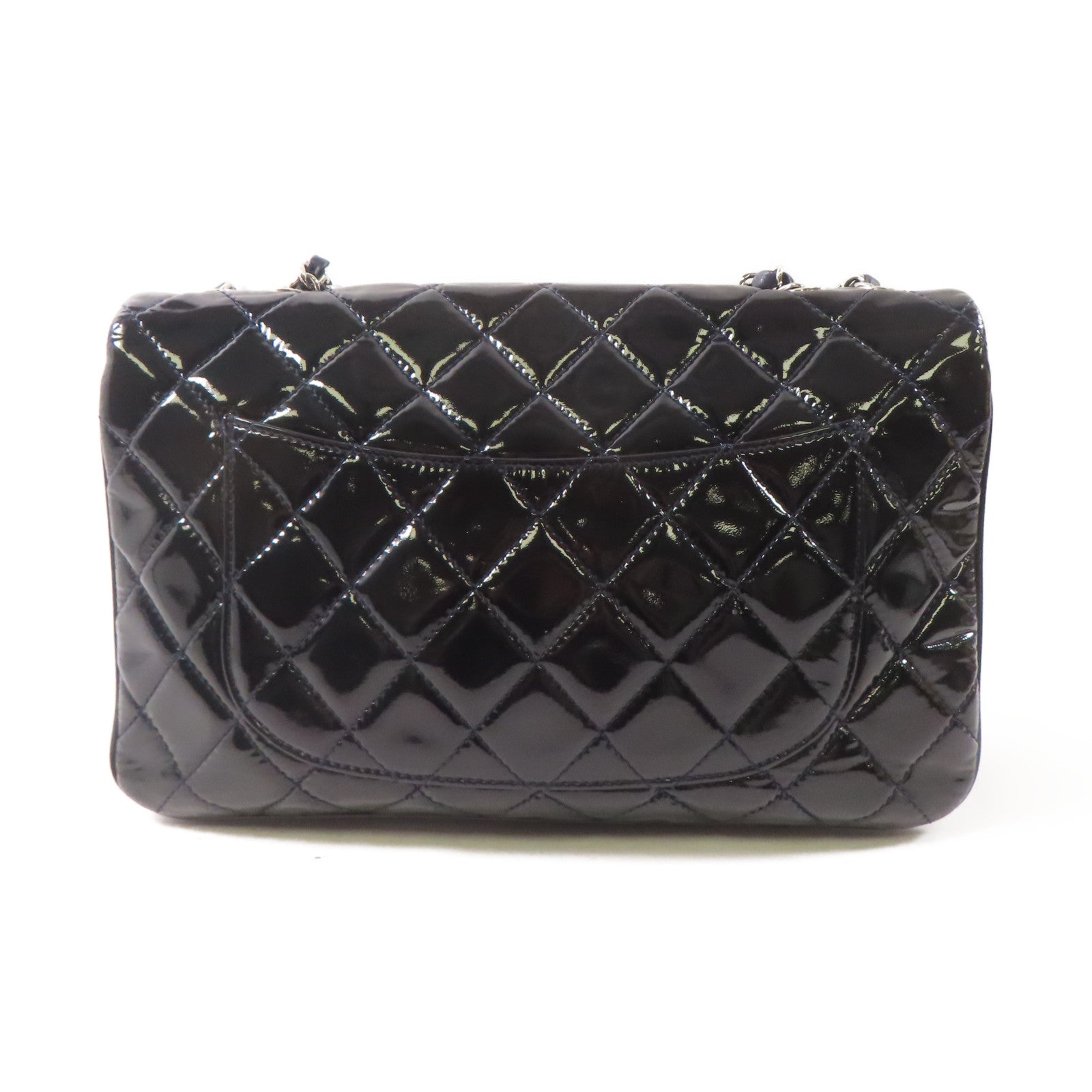 CHANEL 漆皮皮革Chain Shoulder Bag銀扣鏈帶肩背袋黑色