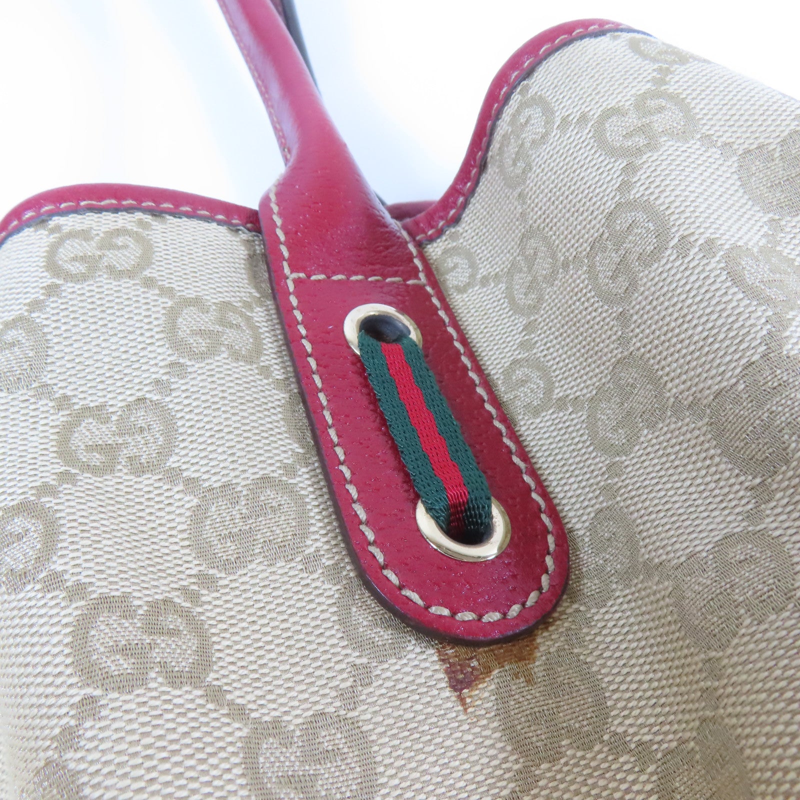 GUCCI 帆布Tote Bag金扣手挽袋米色/紅色