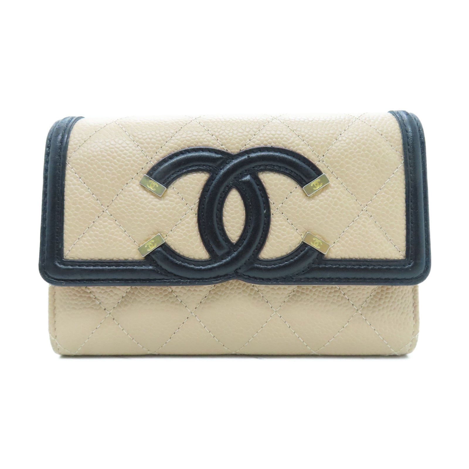 CHANEL 【激減優惠】菱格Caviar皮革Wallet金扣長錢包米色/黑色