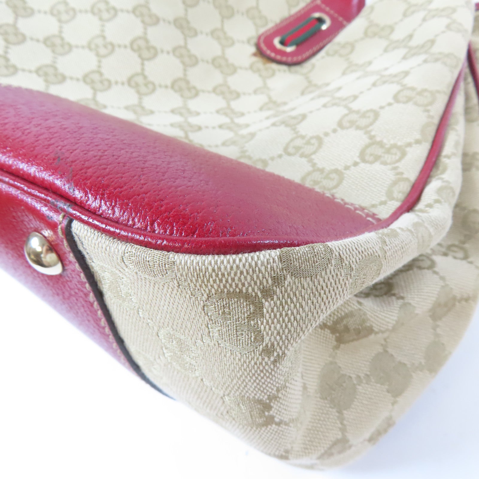 GUCCI 帆布Tote Bag金扣手挽袋米色/紅色
