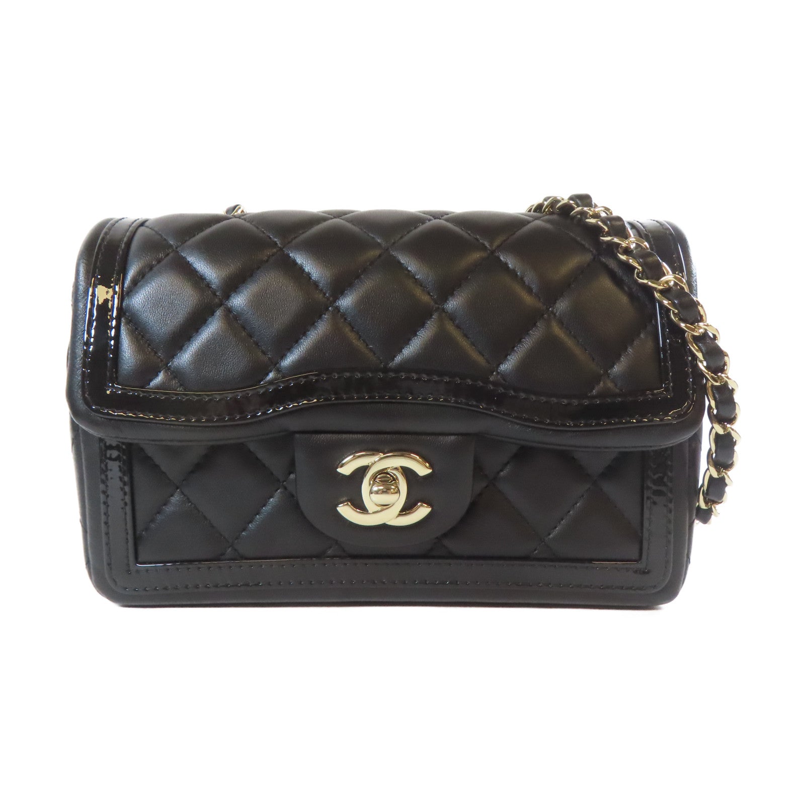 CHANEL 菱格羊皮皮革Chain Shoulder銀扣鏈帶肩背袋黑色