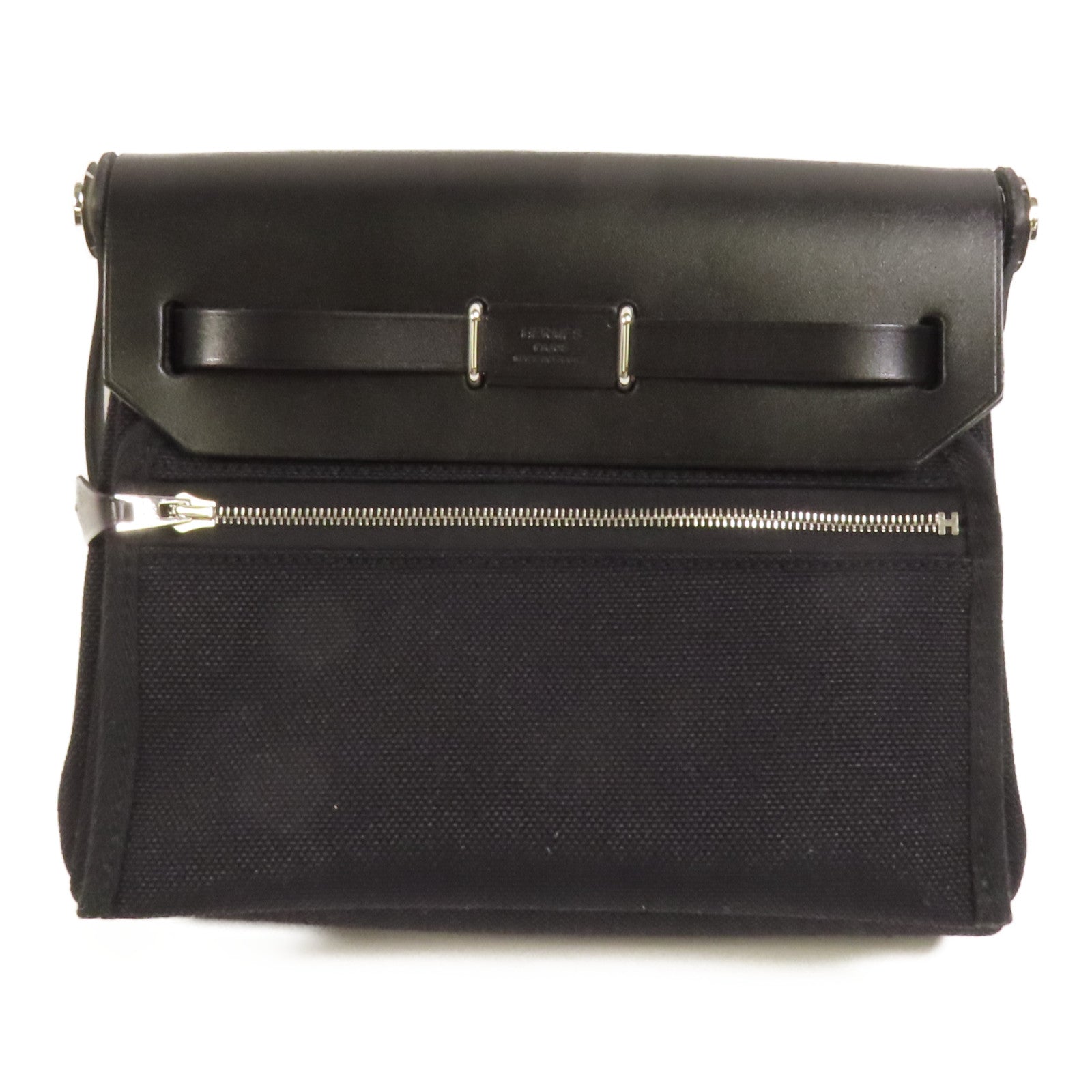 HERMES 帆布Mini Herbag銀扣肩背袋Noir