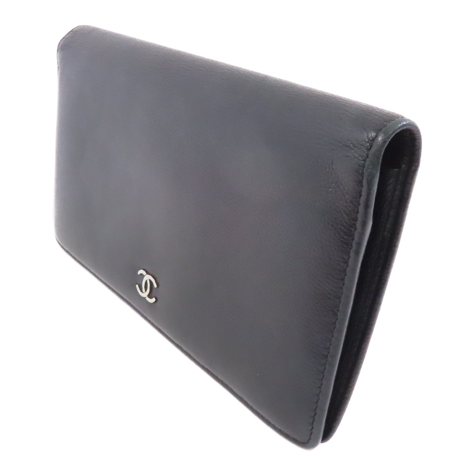 CHANEL 牛皮皮革Long Wallet銀扣長錢包黑色