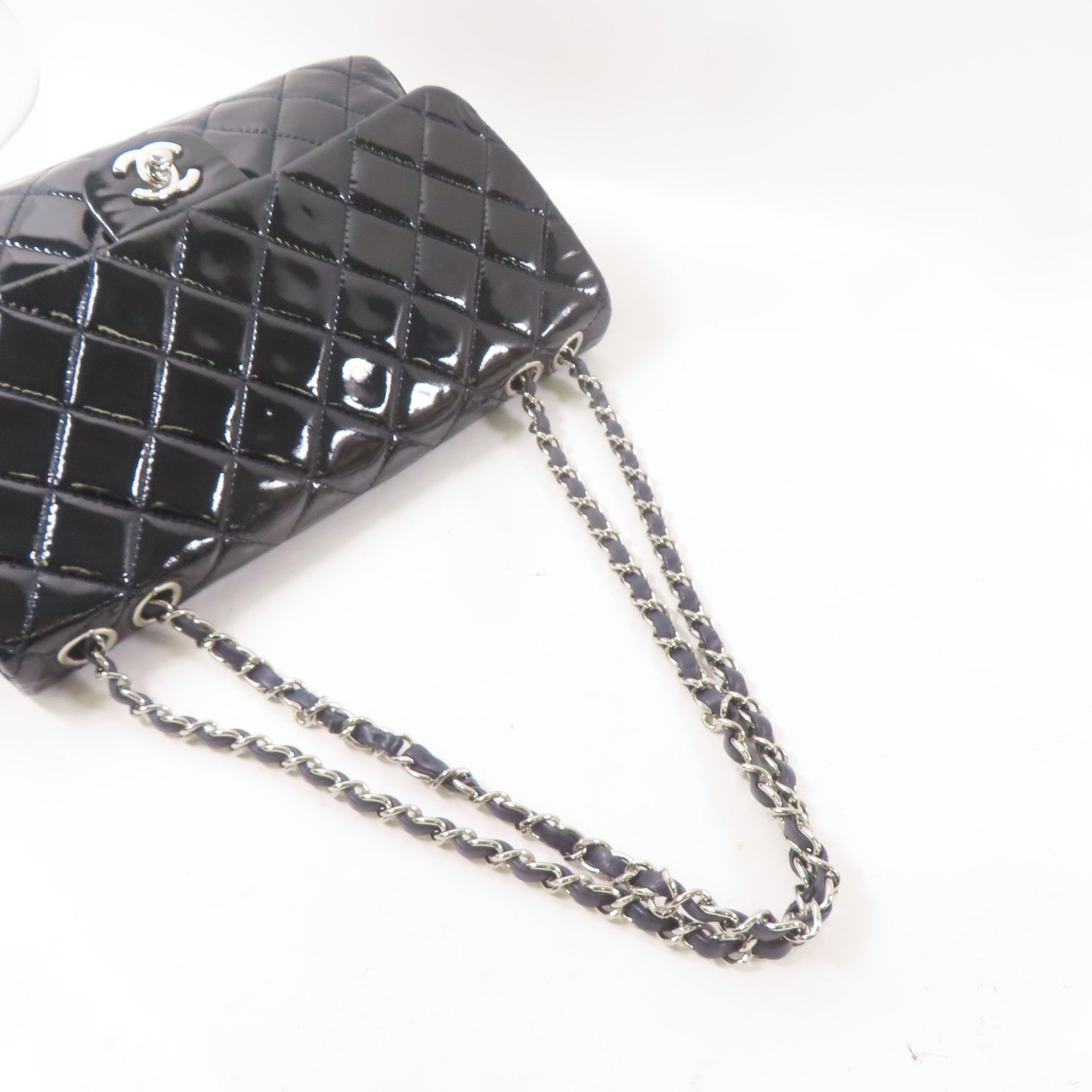 CHANEL 漆皮皮革Chain Shoulder Bag銀扣鏈帶肩背袋黑色