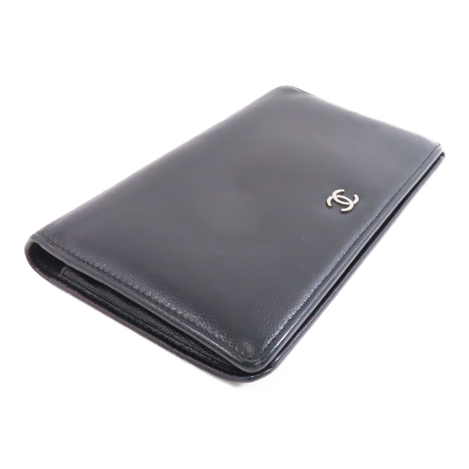 CHANEL 牛皮皮革Long Wallet銀扣長錢包黑色