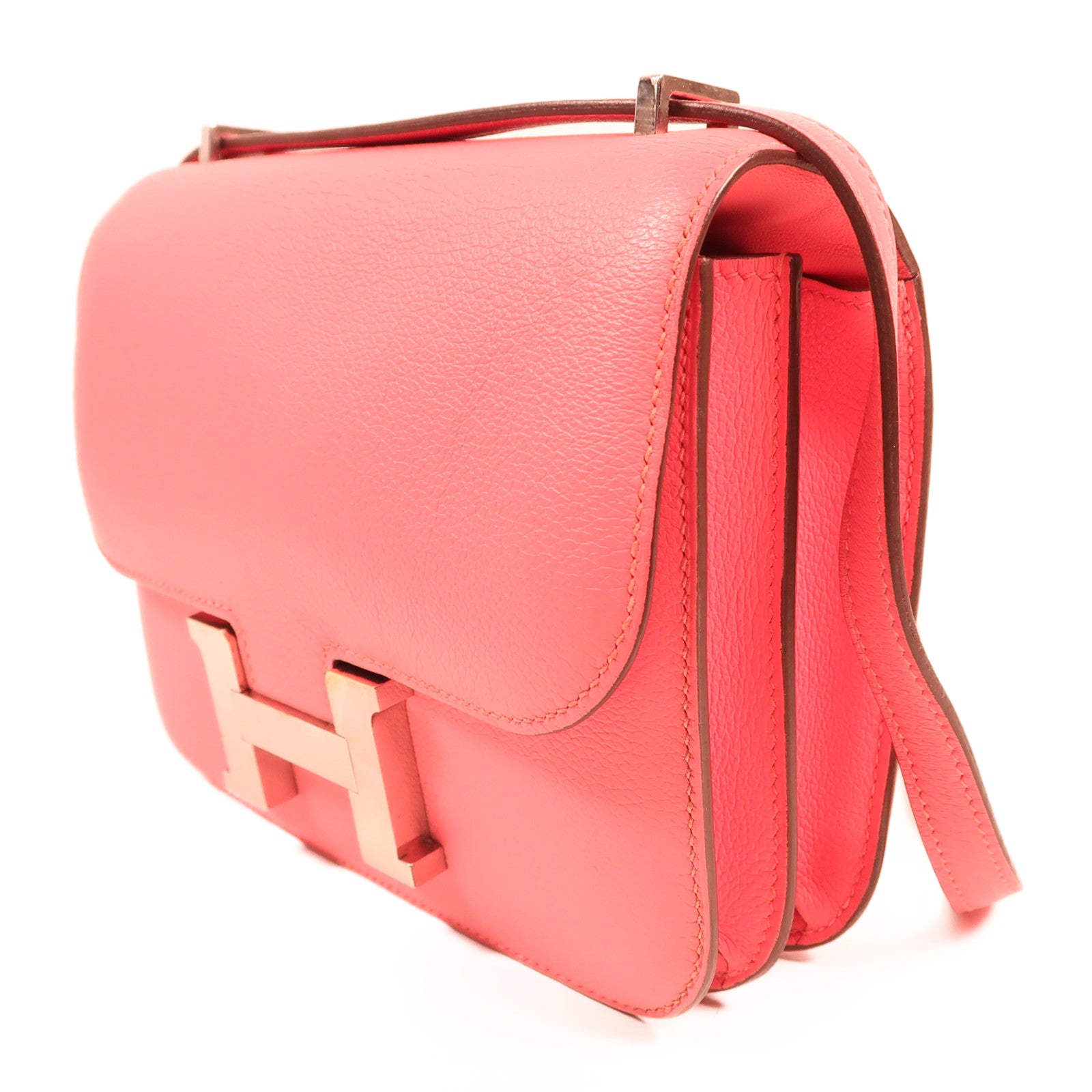 HERMES Evercolor皮革Constance Mini銀扣肩背袋Rose Azalea