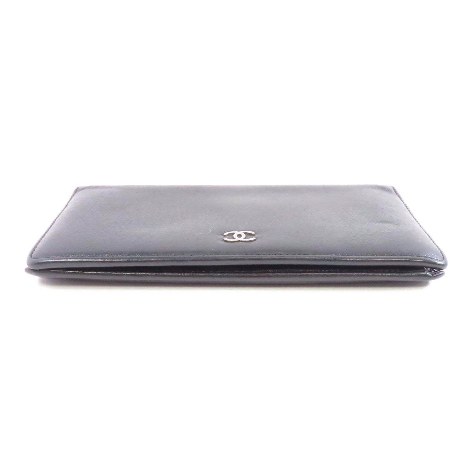 CHANEL 牛皮皮革Long Wallet銀扣長錢包黑色