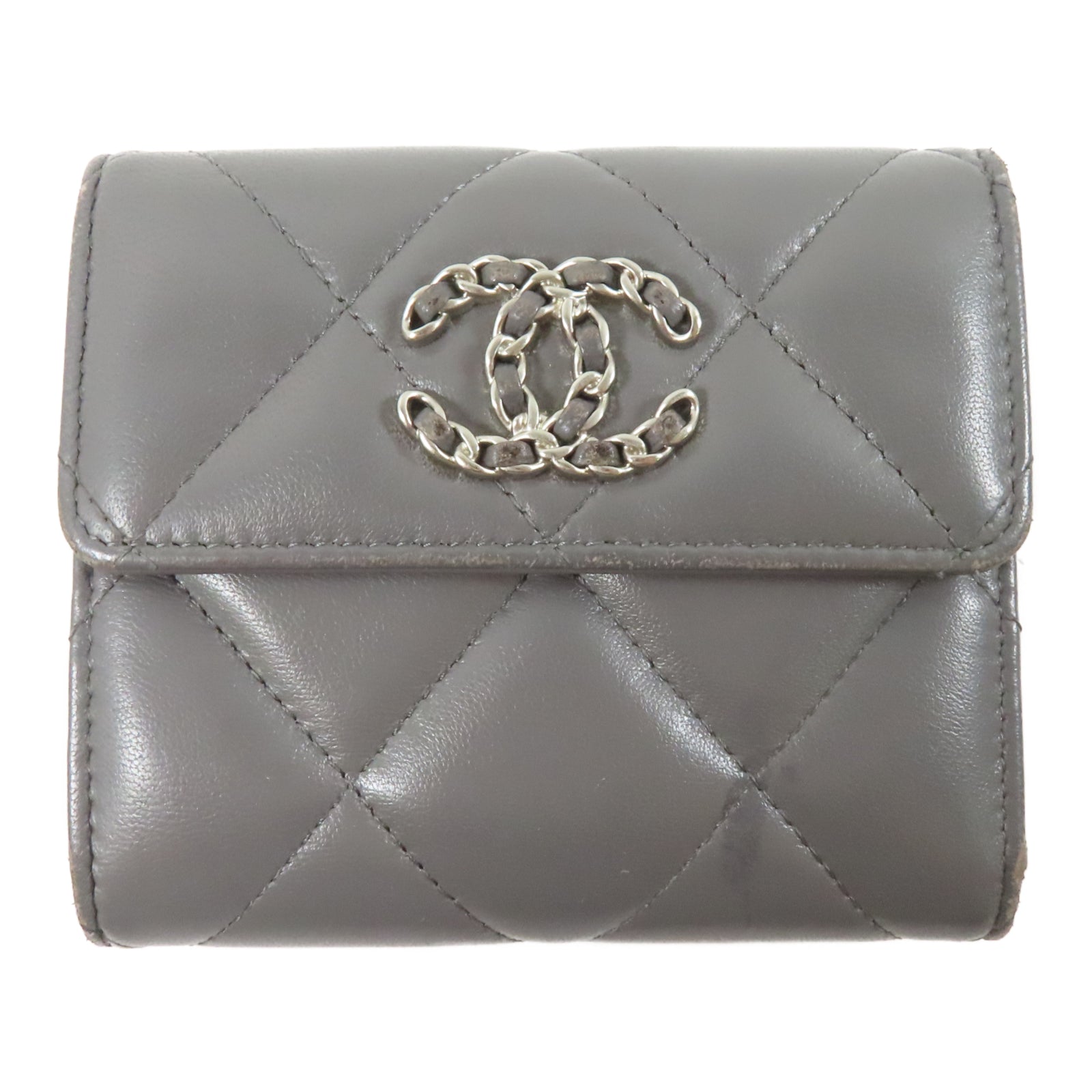 CHANEL 【激減優惠】菱格羊皮皮革Chanel 19 Small Flap Wallet銀扣錢包灰色