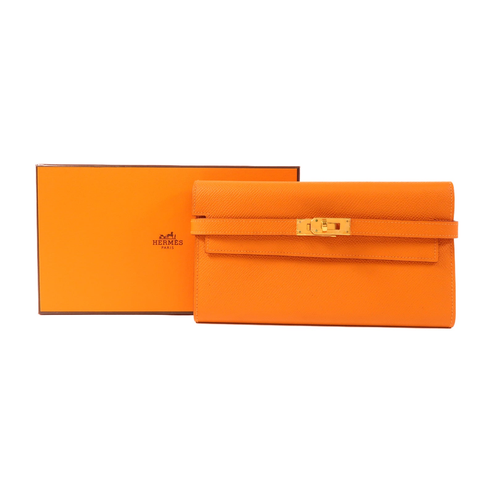 HERMES Epsom皮革Kelly Wallet金扣長錢包Orange
