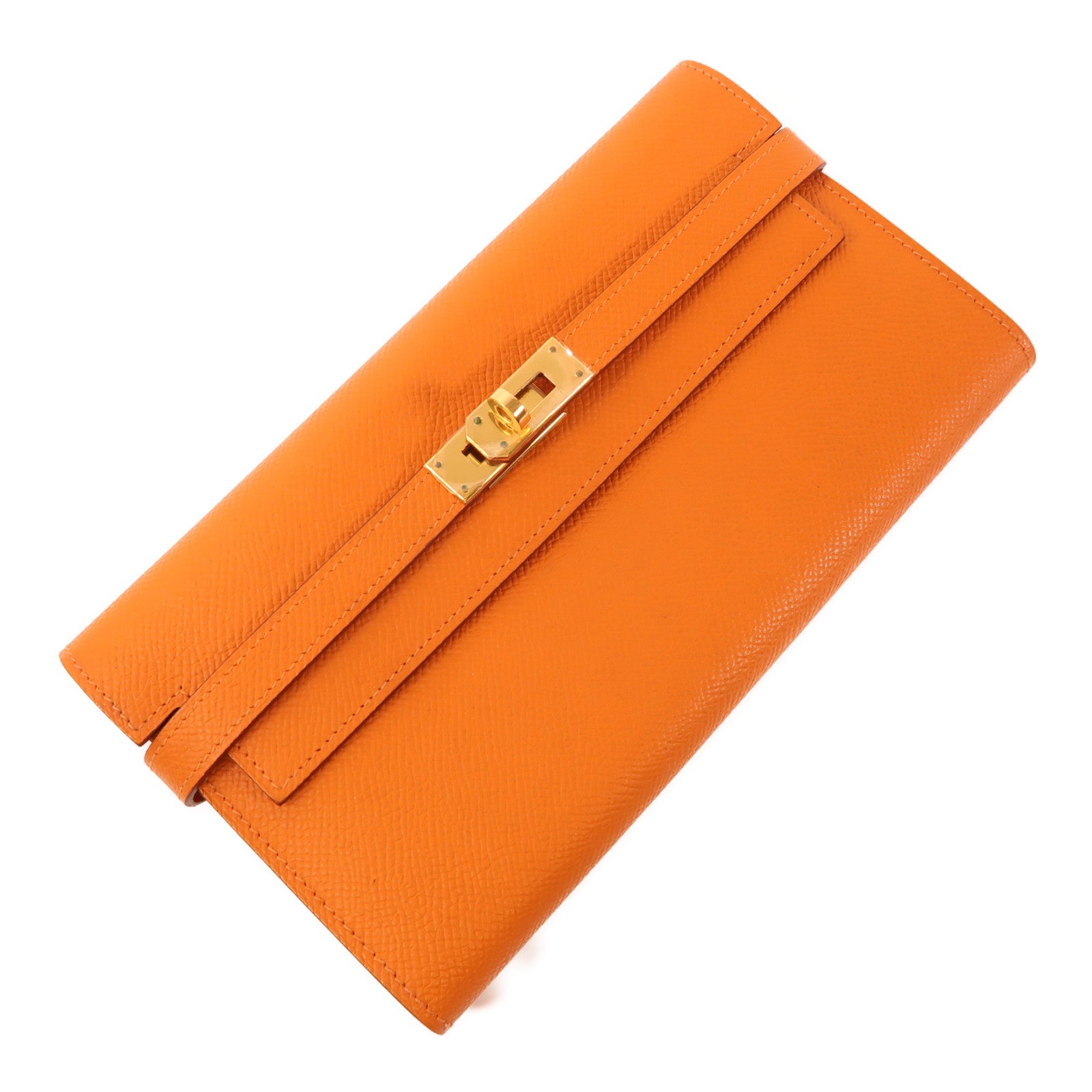 HERMES Epsom皮革Kelly Wallet金扣長錢包Orange