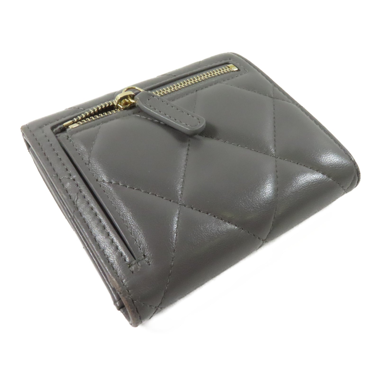 CHANEL 【激減優惠】菱格羊皮皮革Chanel 19 Small Flap Wallet銀扣錢包灰色