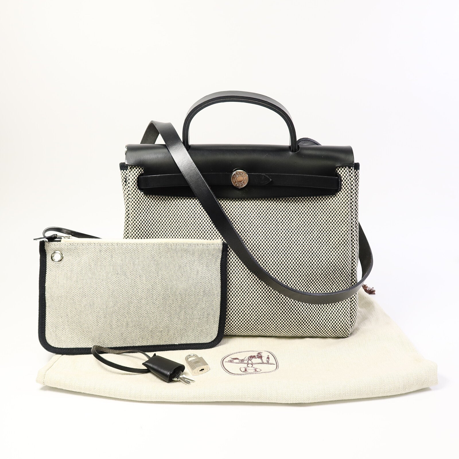 HERMES Toile H帆布Herbag PM手挽肩背兩用袋Ecru/Noir
