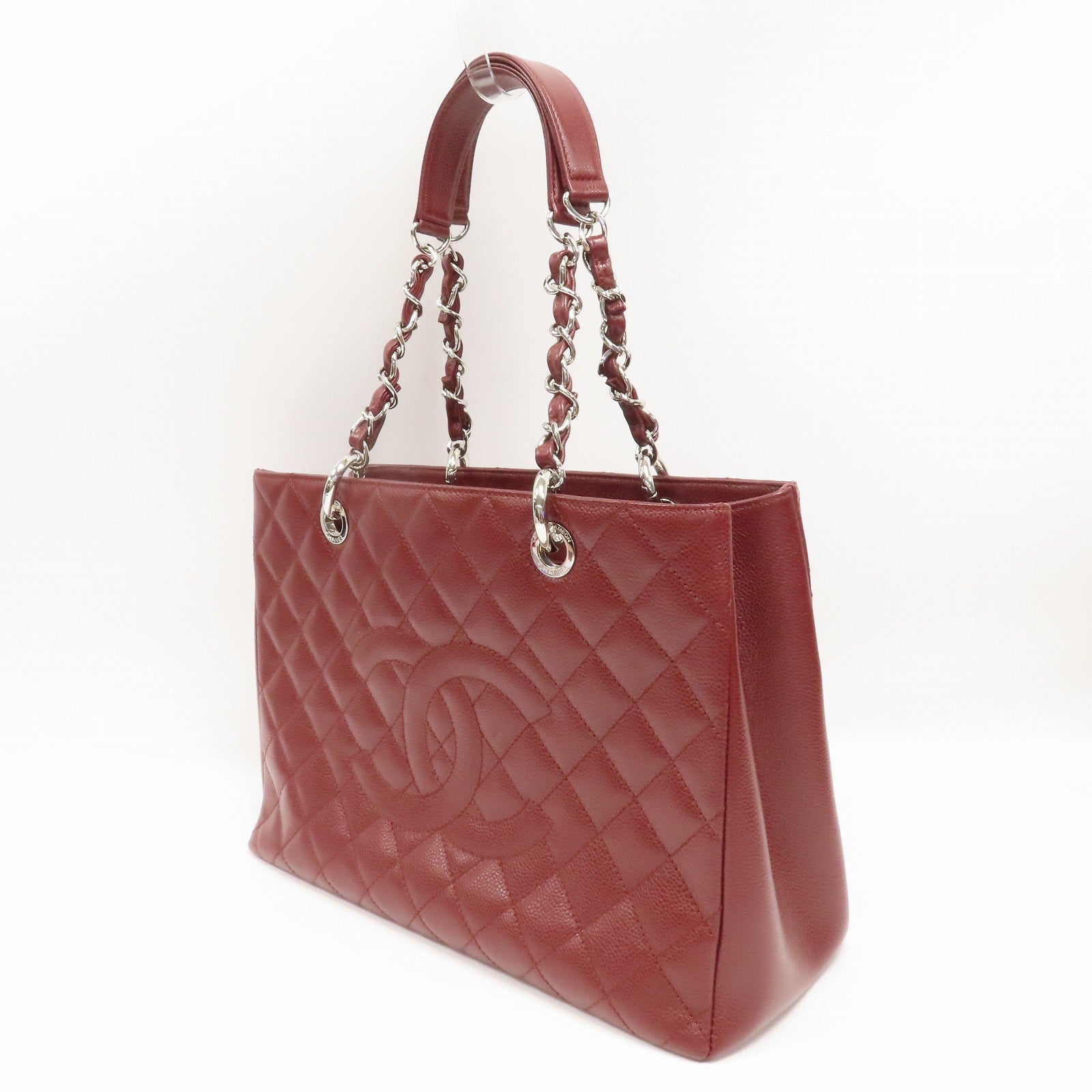 CHANEL 菱格Caviar皮革Grand Shopping Tote Bag銀扣鏈帶肩背袋深紅色