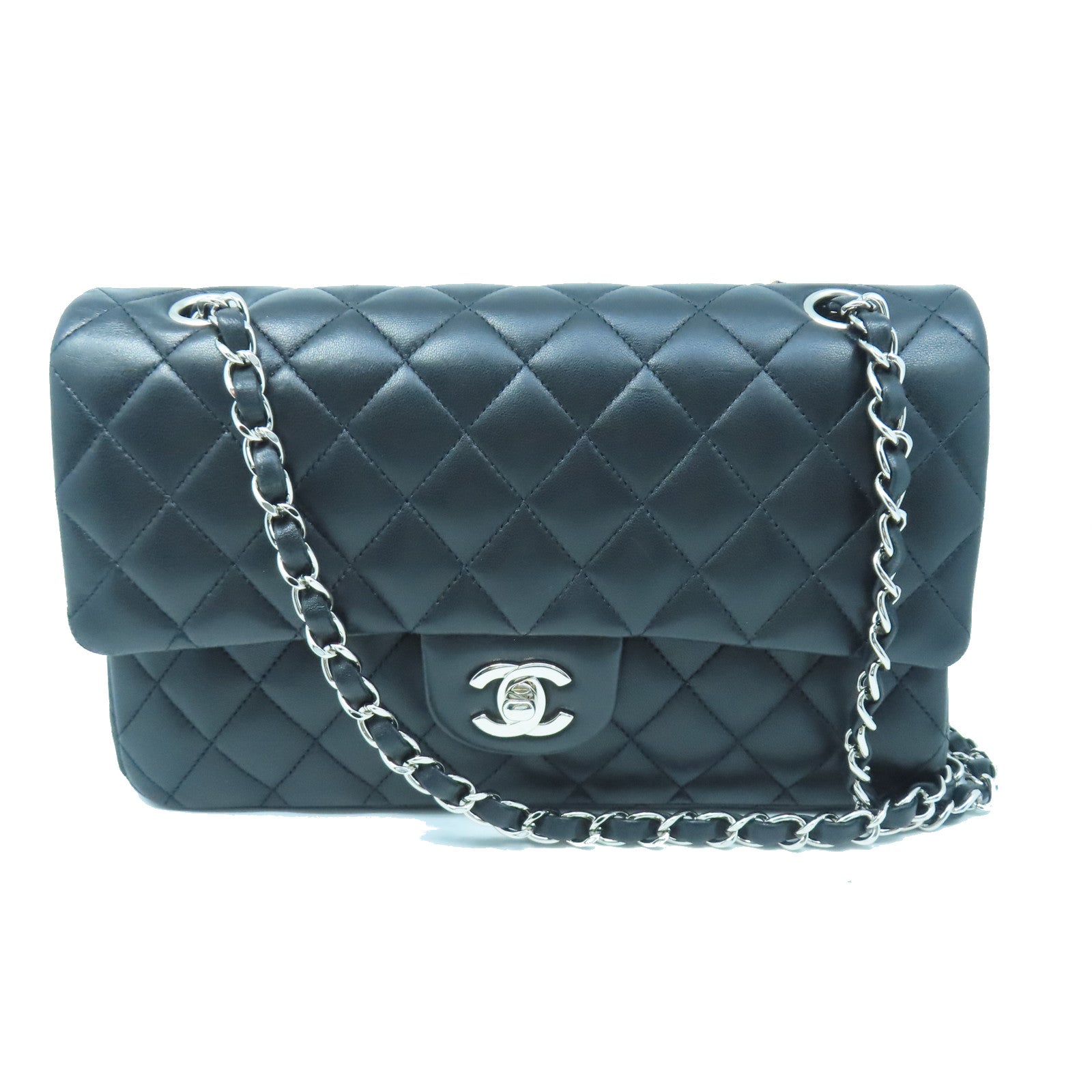 CHANEL 【激減優惠】菱格羊皮皮革Classic 25銀扣肩背袋黑色