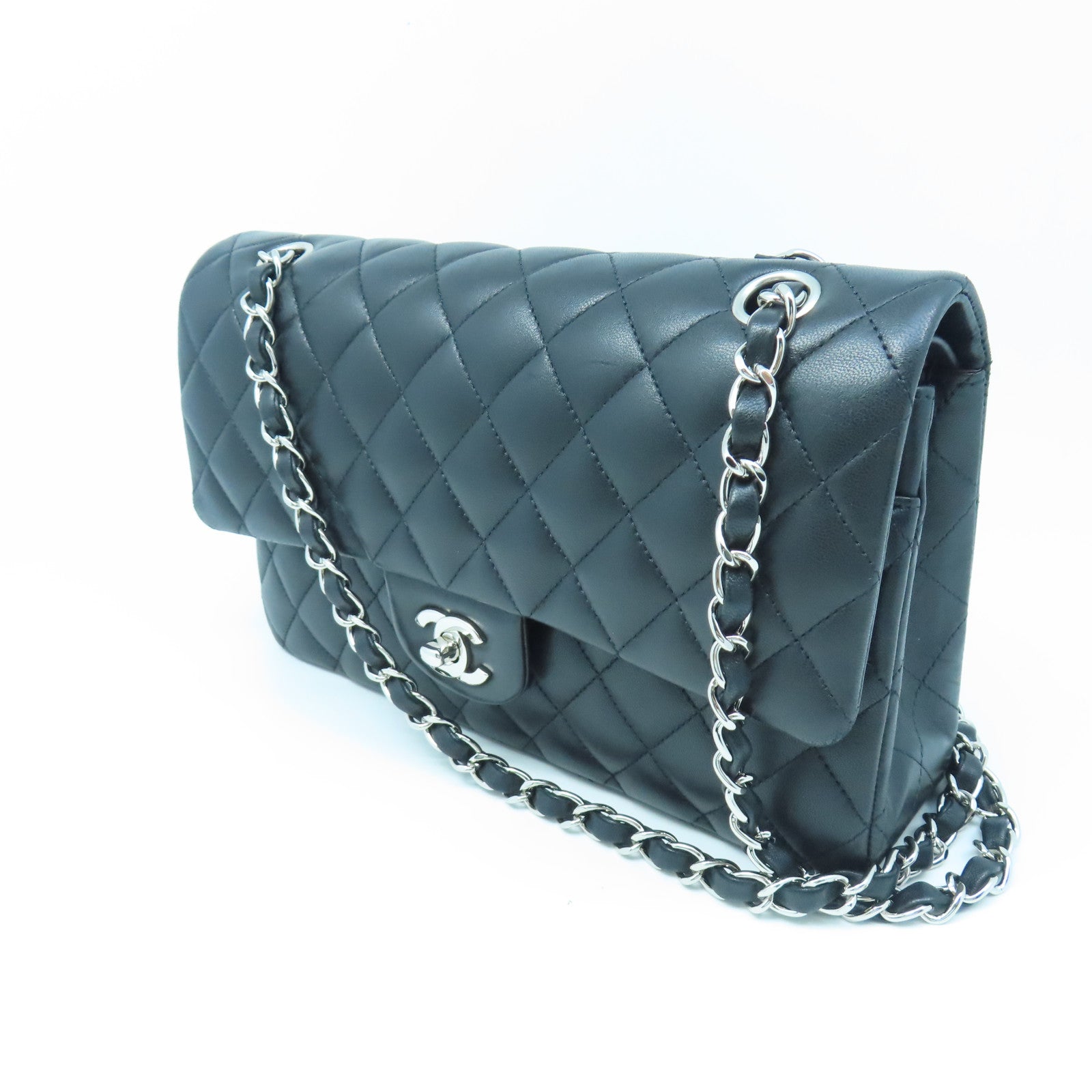 CHANEL 【激減優惠】菱格羊皮皮革Classic 25銀扣肩背袋黑色