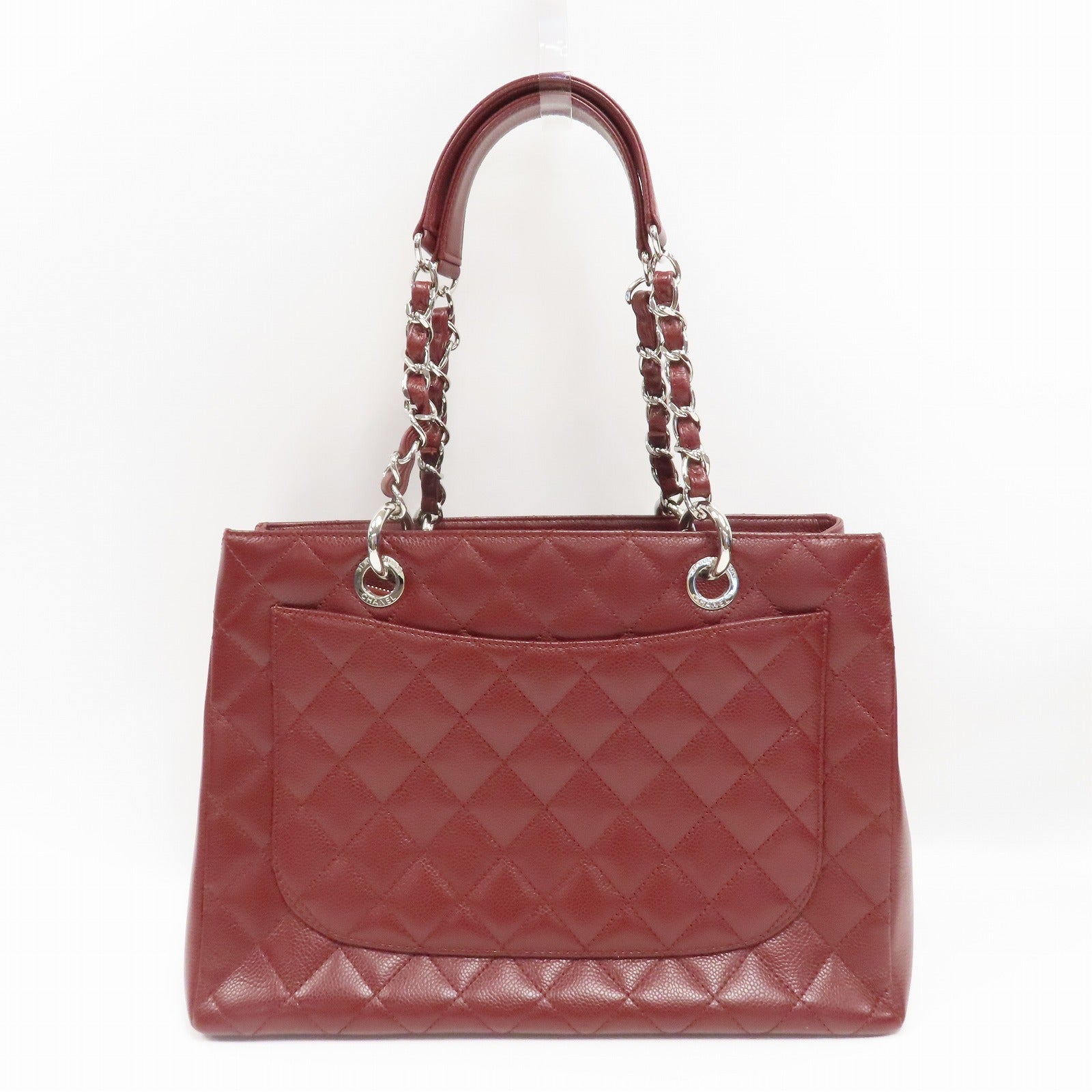 CHANEL 菱格Caviar皮革Grand Shopping Tote Bag銀扣鏈帶肩背袋深紅色