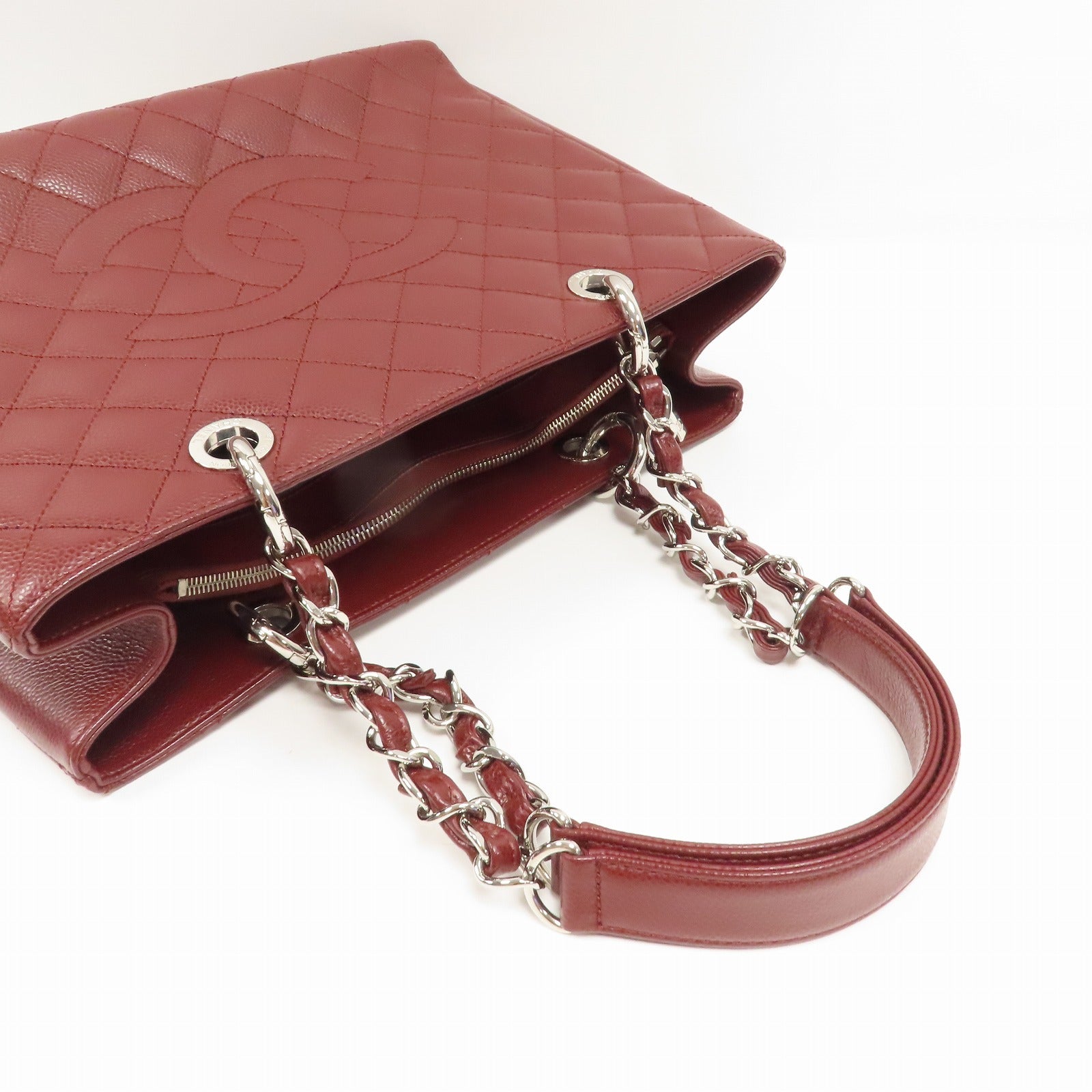 CHANEL 菱格Caviar皮革Grand Shopping Tote Bag銀扣鏈帶肩背袋深紅色