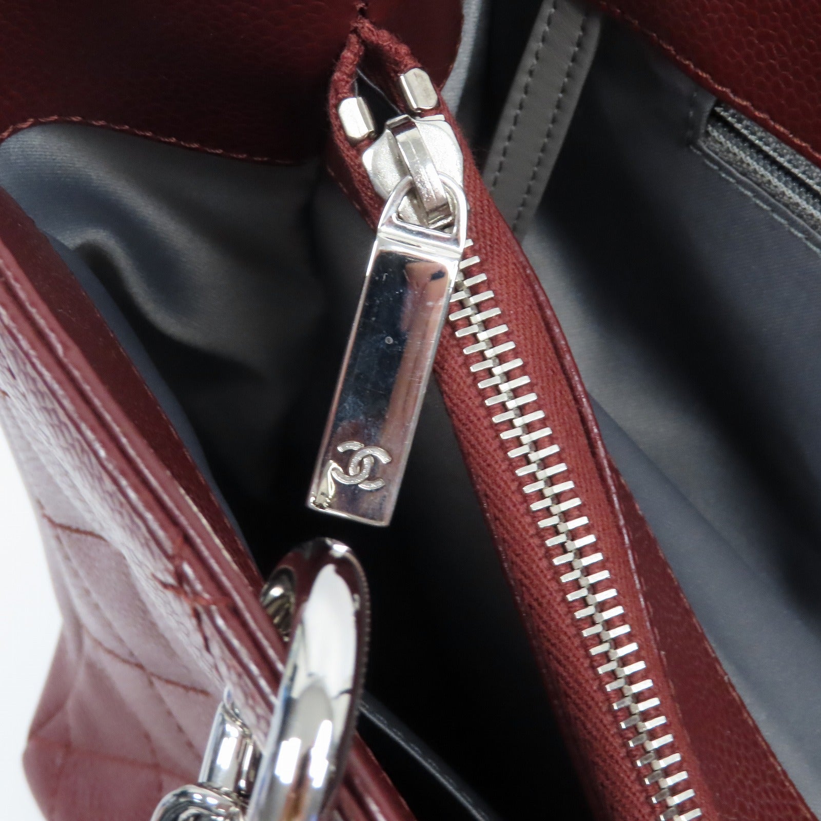 CHANEL 菱格Caviar皮革Grand Shopping Tote Bag銀扣鏈帶肩背袋深紅色