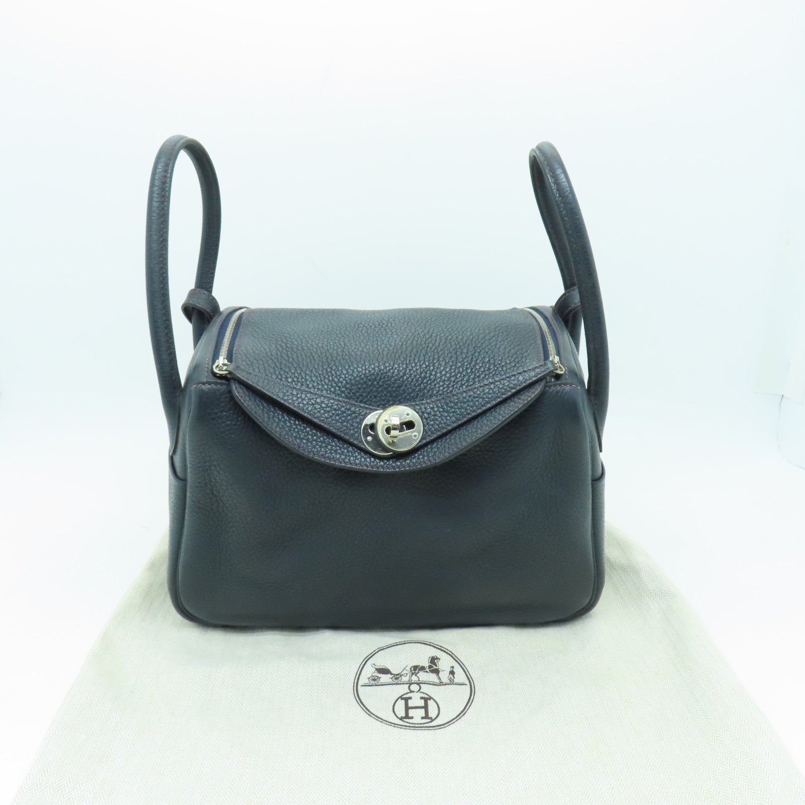 HERMES 【激減優惠】Clemence皮革Lindy 26銀扣手挽肩背兩用袋深藍色