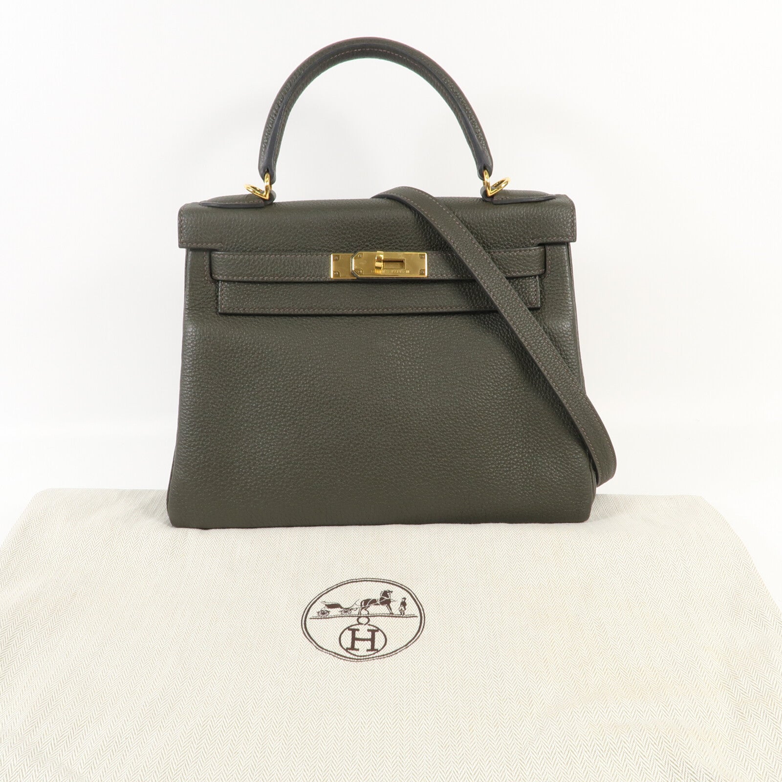 HERMES Togo皮革Kelly 28金扣手挽肩背兩用袋C6 Vert de Gris