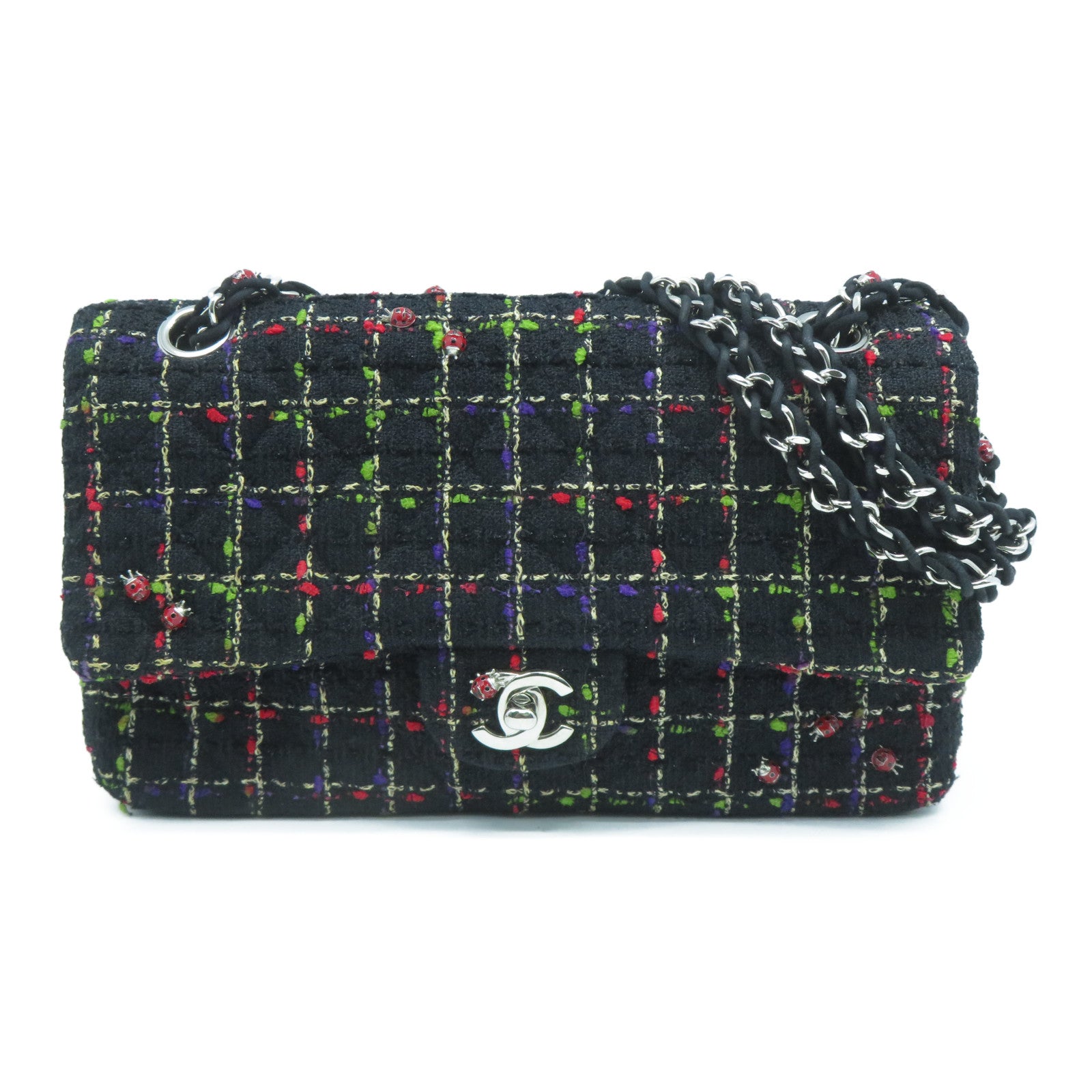 CHANEL 【激減優惠】斜紋軟呢Chain Shoulder Bag銀扣鏈帶肩背袋黑色/紅色