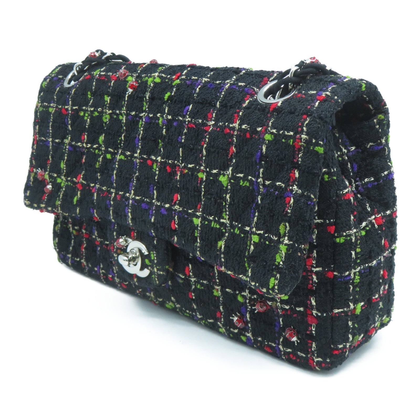 CHANEL 【激減優惠】斜紋軟呢Chain Shoulder Bag銀扣鏈帶肩背袋黑色/紅色