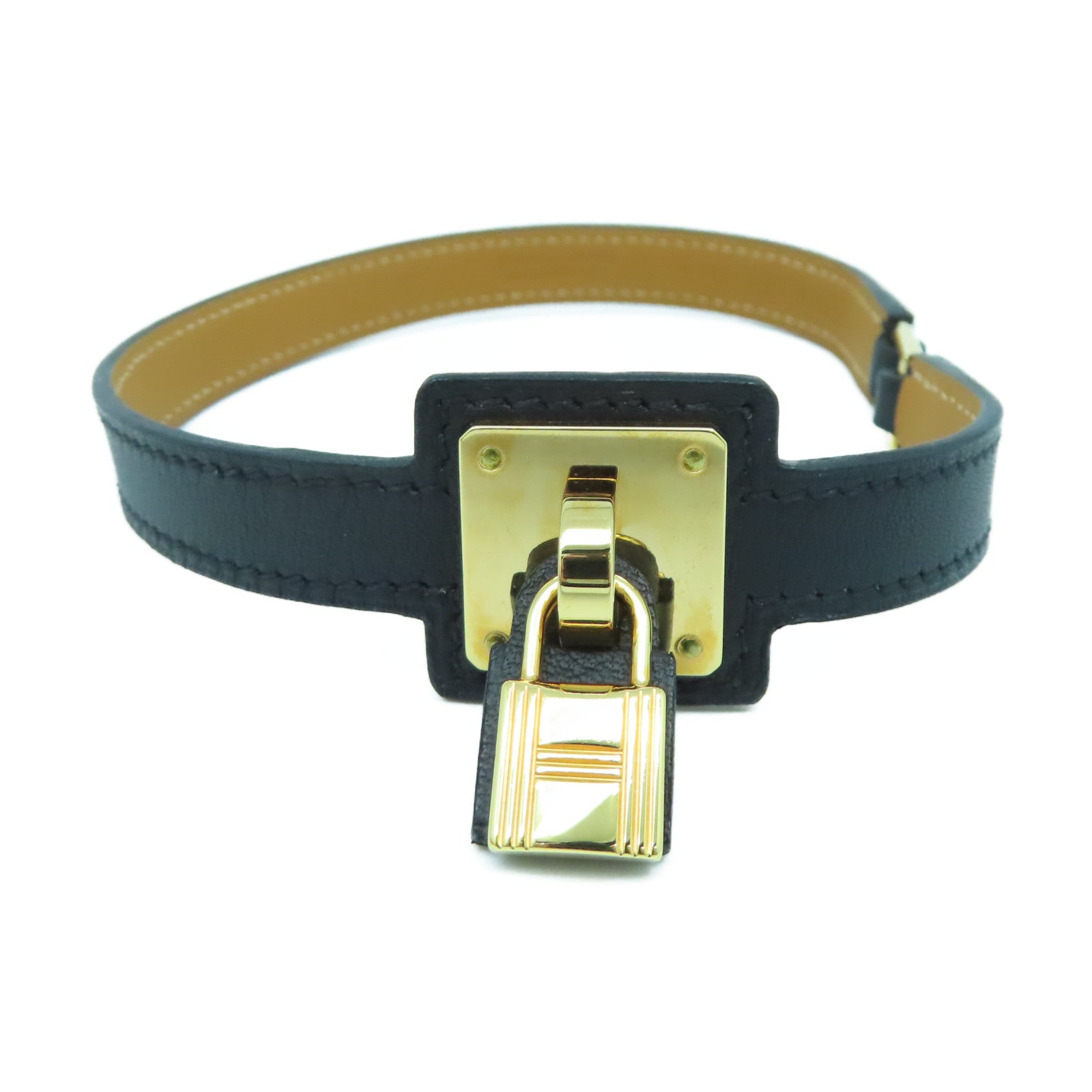 HERMES Swift皮革O'Kelly金扣手鐲黑色
