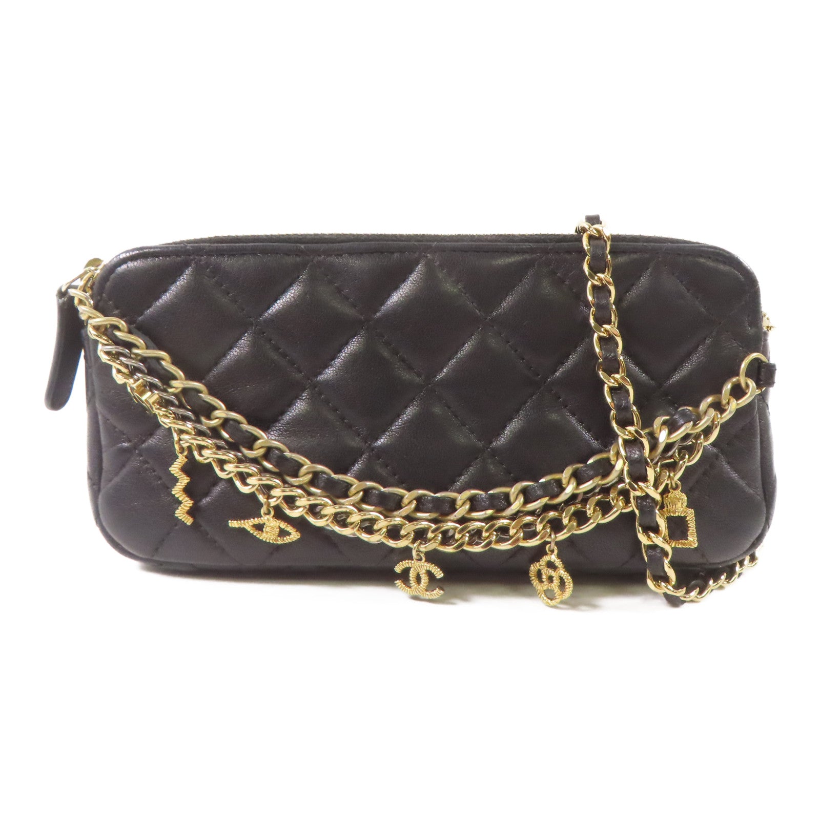 CHANEL 羊皮皮革Chain Shoulder Bag金扣鏈帶肩背袋黑色