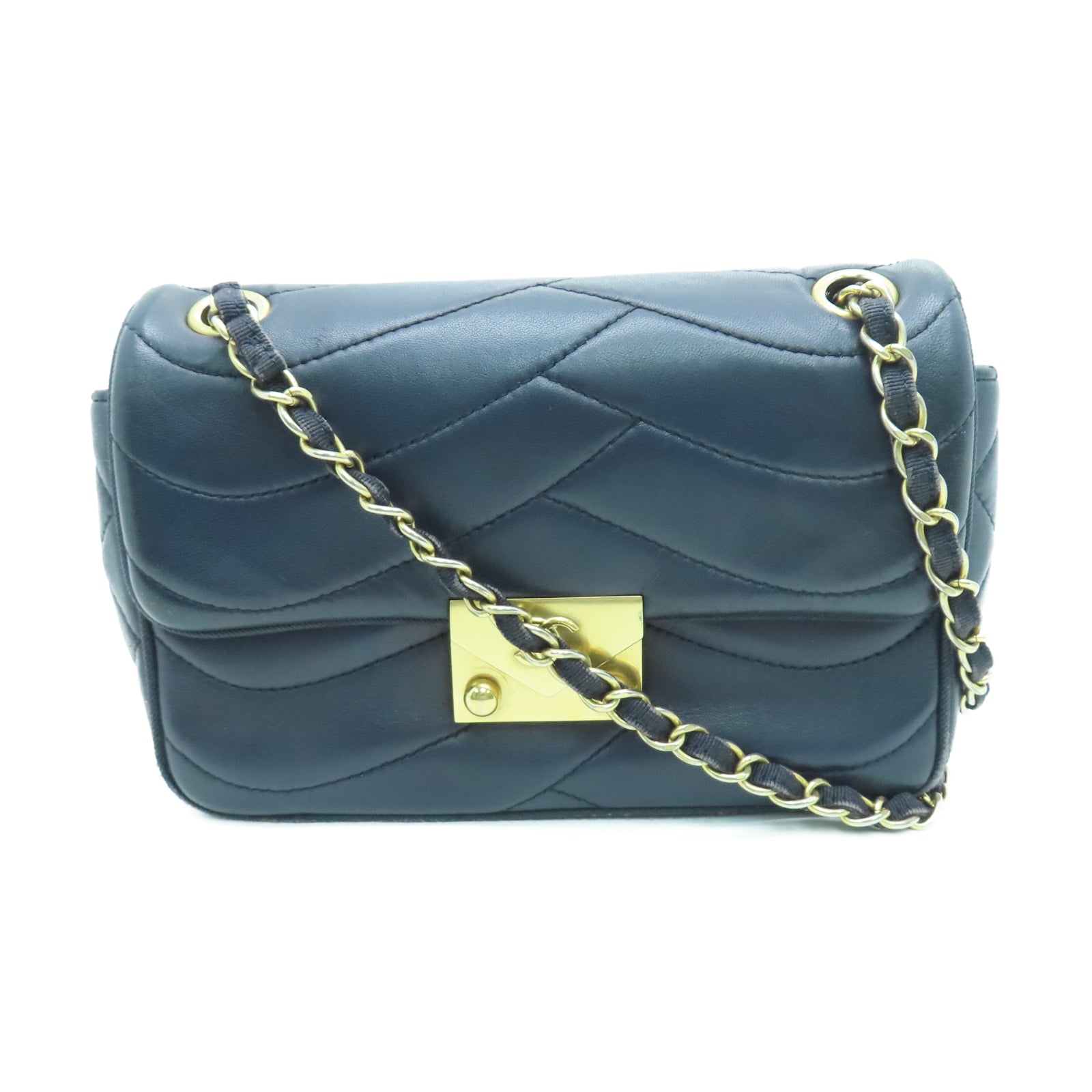 CHANEL 【清倉大減價】羊皮皮革Chain Shoulder金扣鏈帶肩背袋深藍色