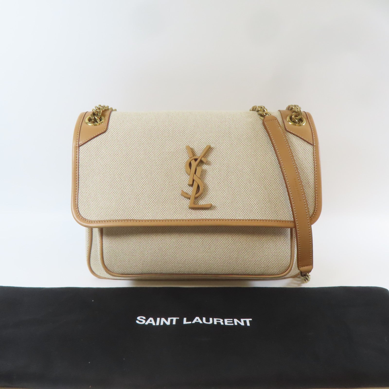 SAINT LAURENT 帆布Niki Chain Shoulder金扣鏈帶肩背袋米色/啡色
