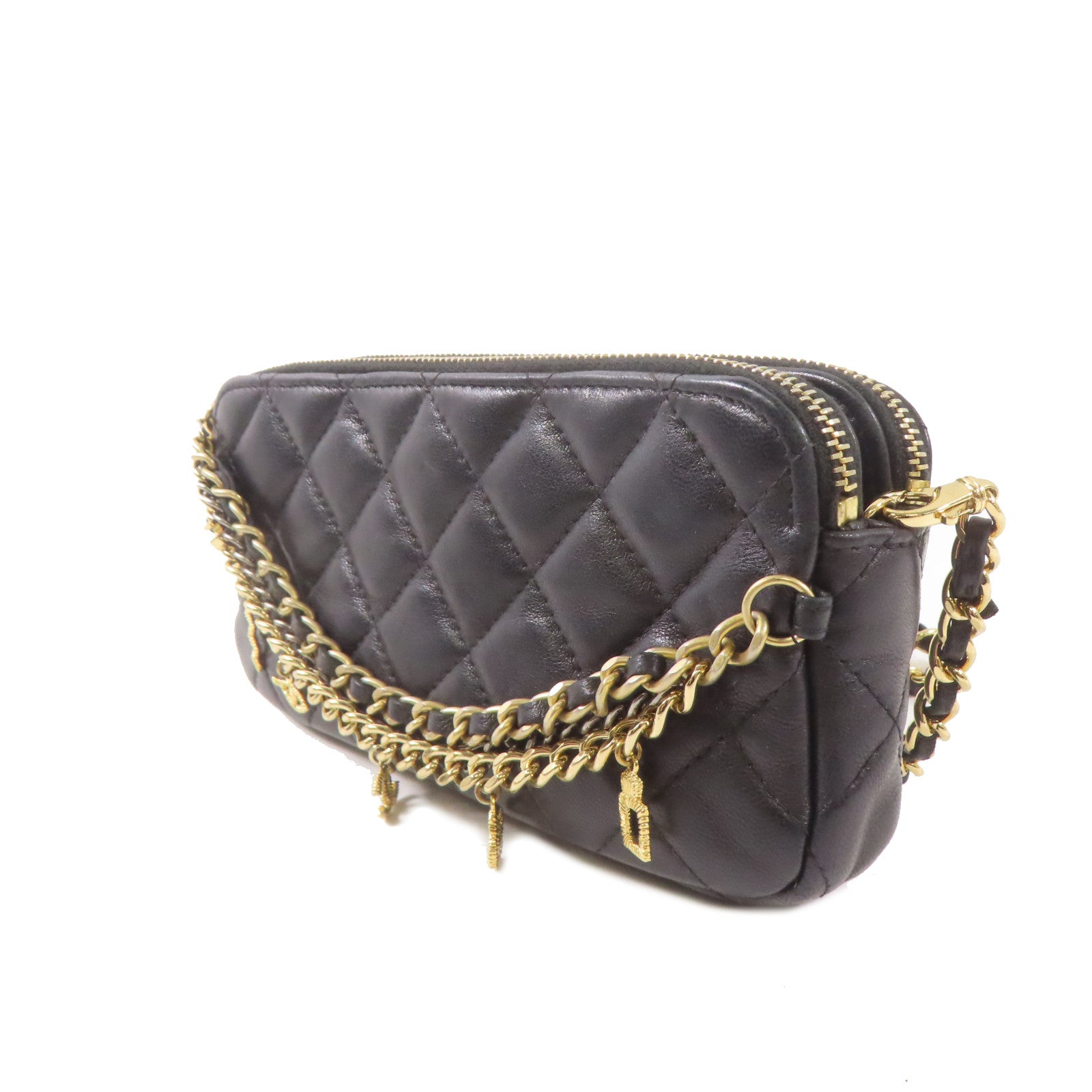 CHANEL 羊皮皮革Chain Shoulder Bag金扣鏈帶肩背袋黑色