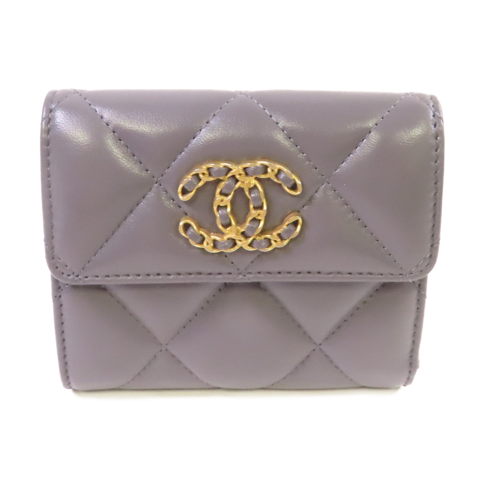 CHANEL 菱格羊皮皮革Chanel 19 Trifold Wallet金扣短錢包灰色