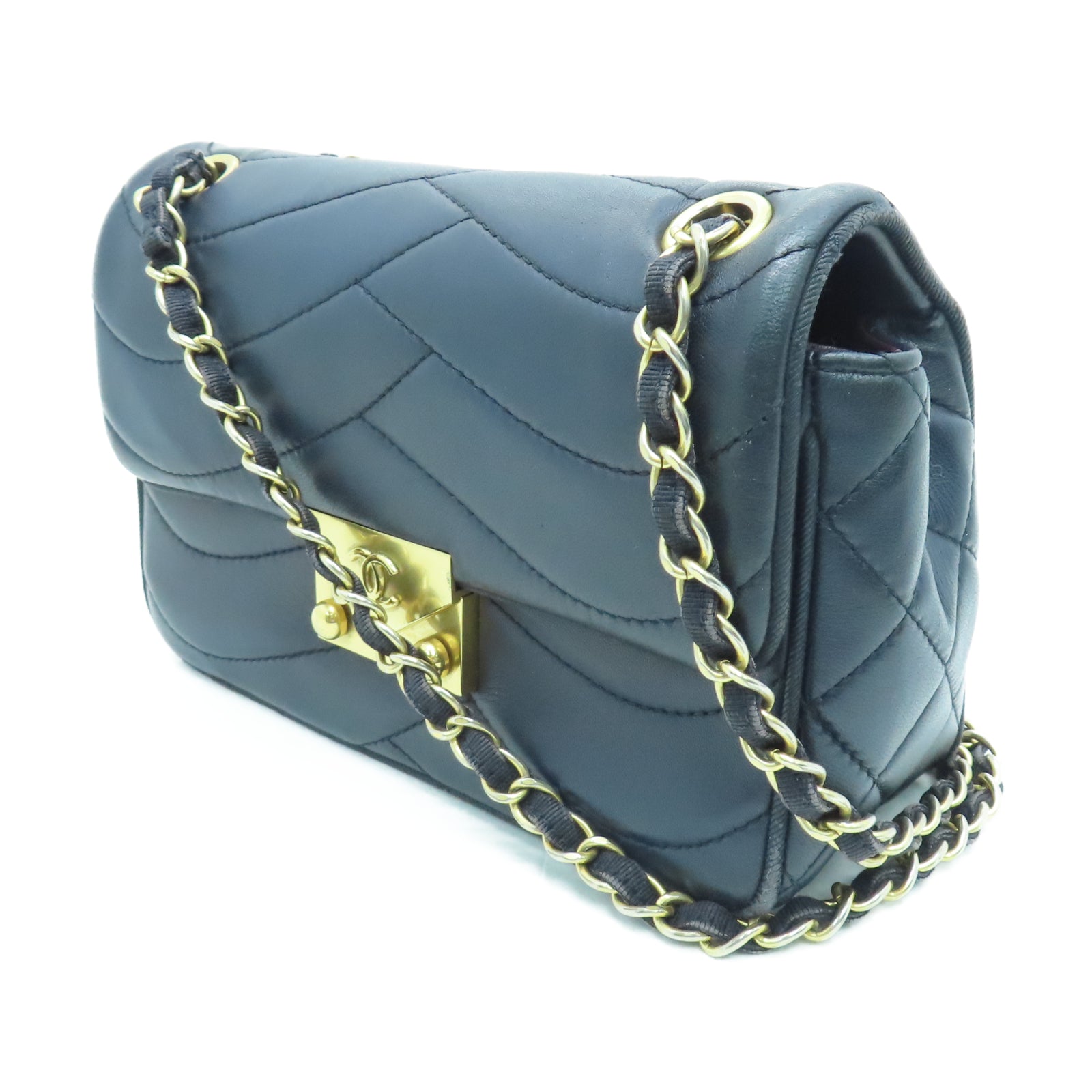 CHANEL 【清倉大減價】羊皮皮革Chain Shoulder金扣鏈帶肩背袋深藍色