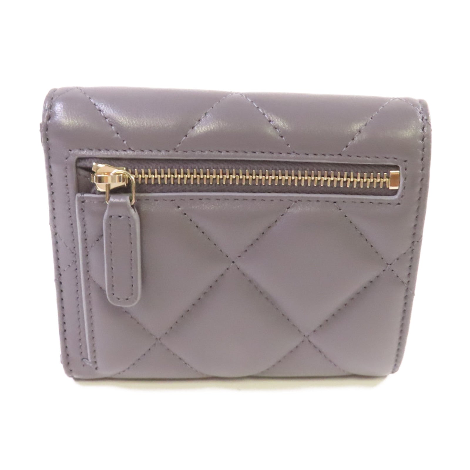CHANEL 菱格羊皮皮革Chanel 19 Trifold Wallet金扣短錢包灰色