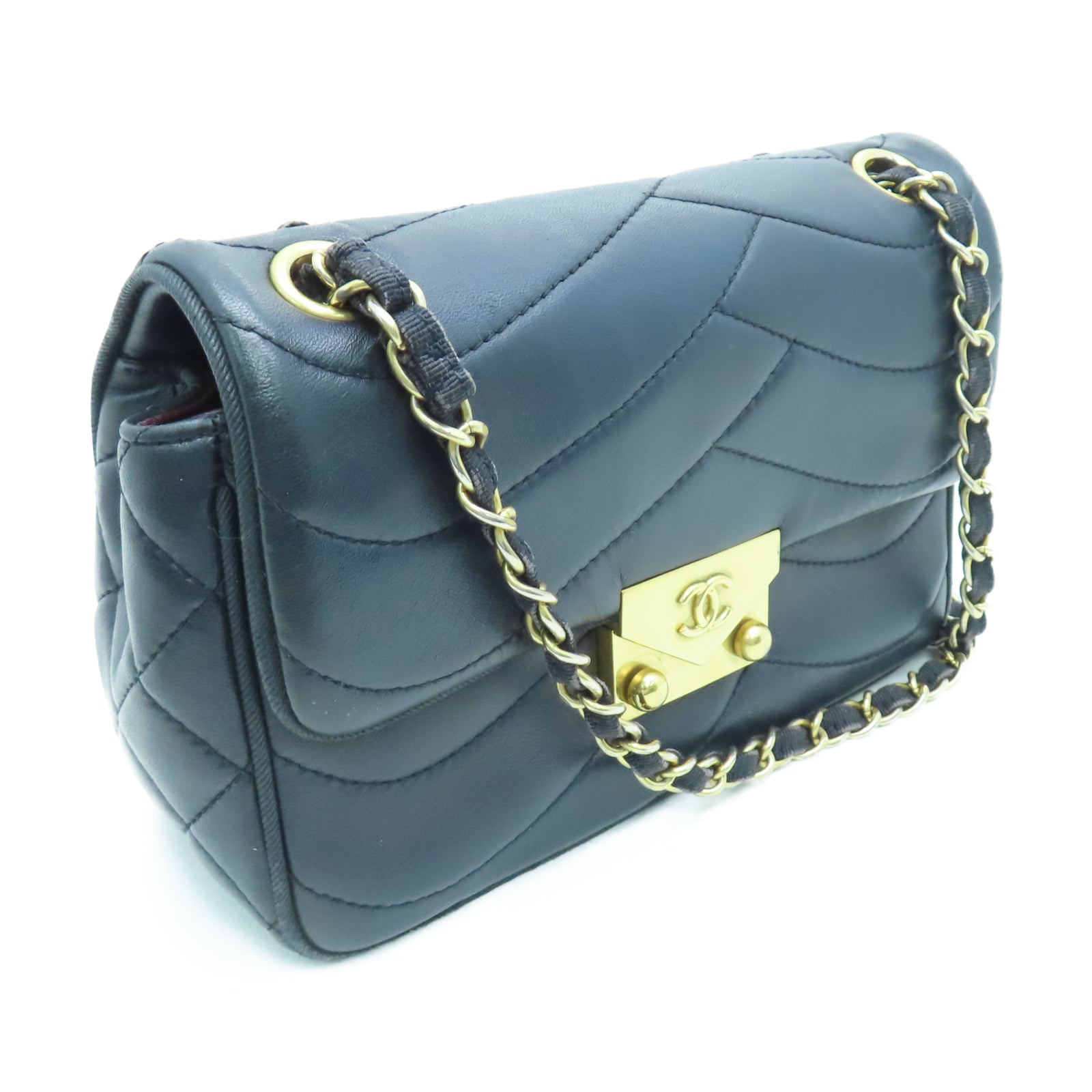 CHANEL 【清倉大減價】羊皮皮革Chain Shoulder金扣鏈帶肩背袋深藍色